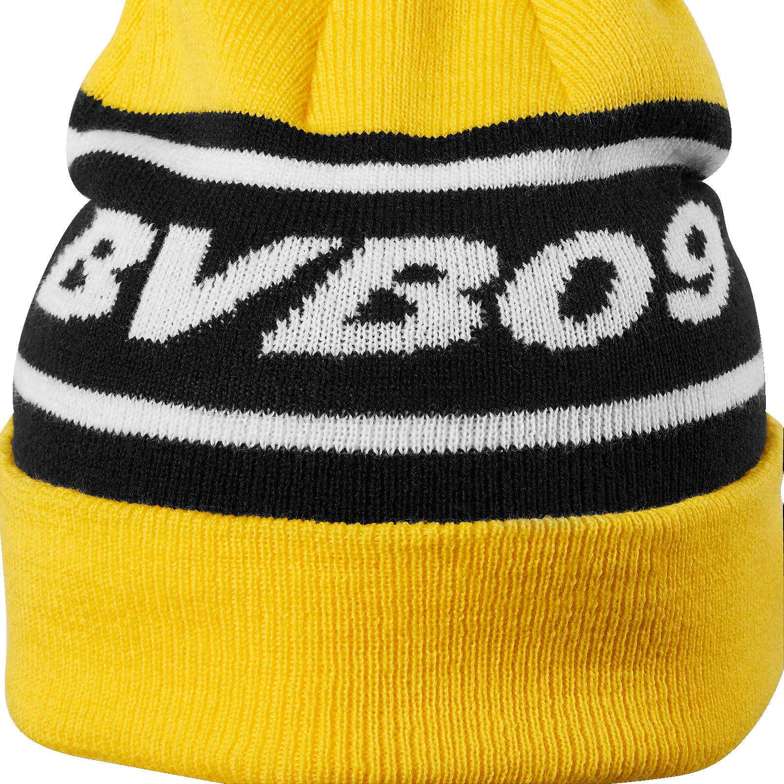 Frontansicht der schwarzgelben BVB Bommelmütze BVB09 mit auffälligem weißen Schriftzug „BVB09“ und breiten weißen Streifen im Design.
