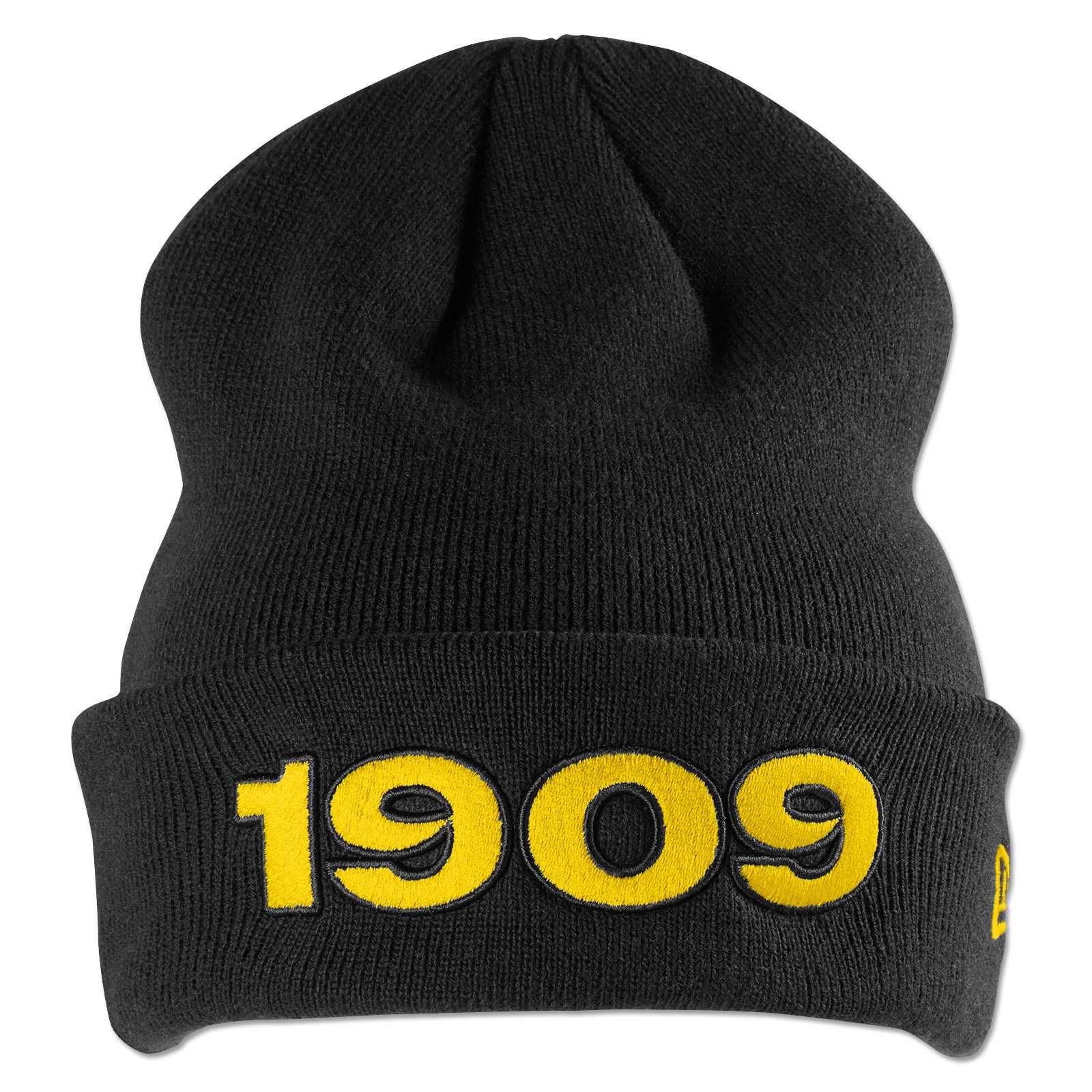 Frontansicht der schwarzgelben BVB Beanie New Era 1909 mit gelb gestickter Jahreszahl „1909“ auf dem Umschlag.