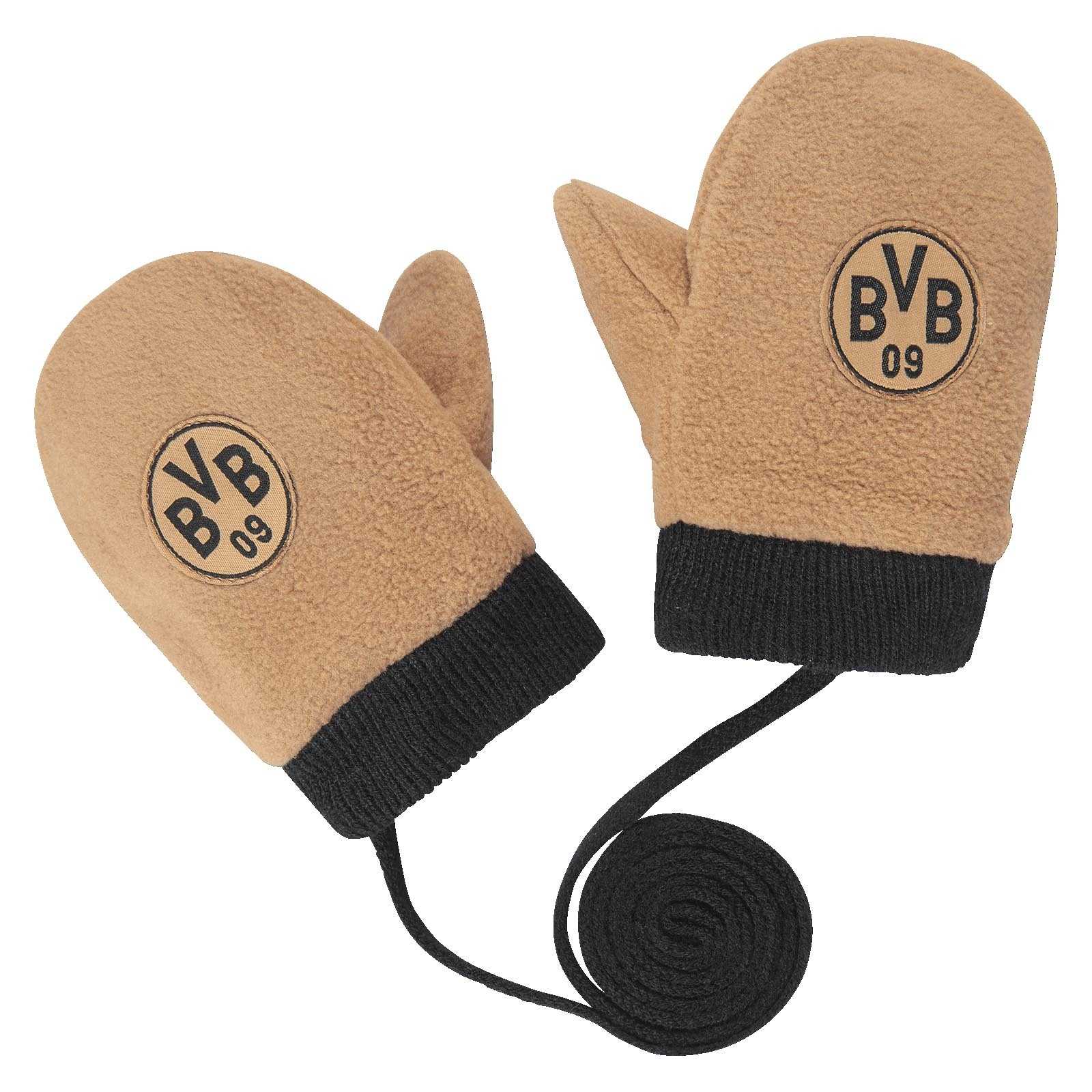 Detailansicht der beigefarbenen BVB Fäustlinge für Kleinkinder mit schwarzem Bündchen, verbindendem Band und aufgesticktem BVB-Emblem.
