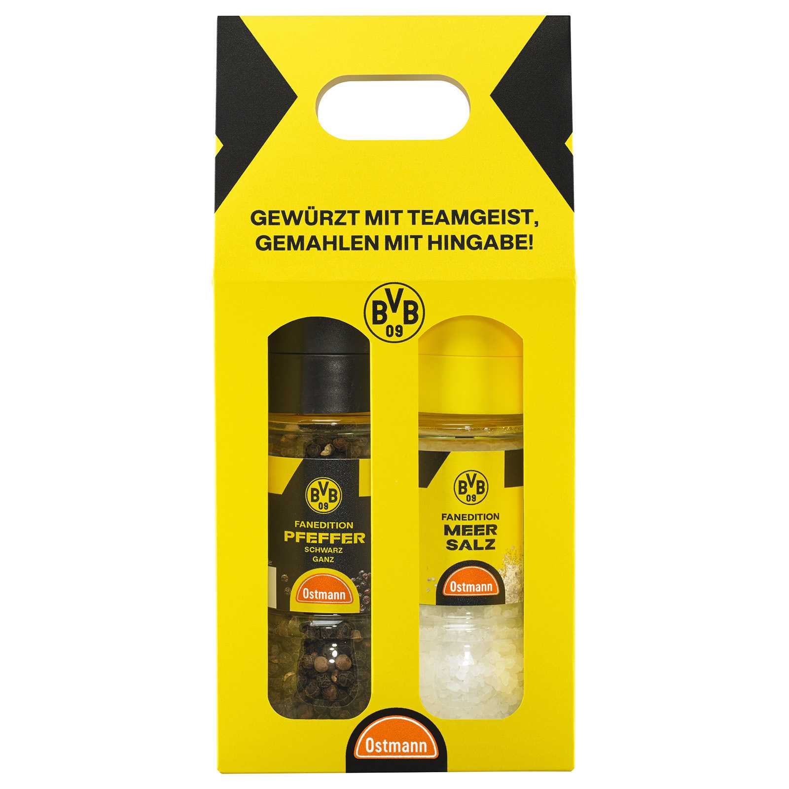 Vorderansicht des BVB Gewürzmühlen-Set in einer schwarzgelben Verpackung mit BVB-Emblem, bestehend aus einer Pfeffer- und einer Meersalzmühle von Ostmann.