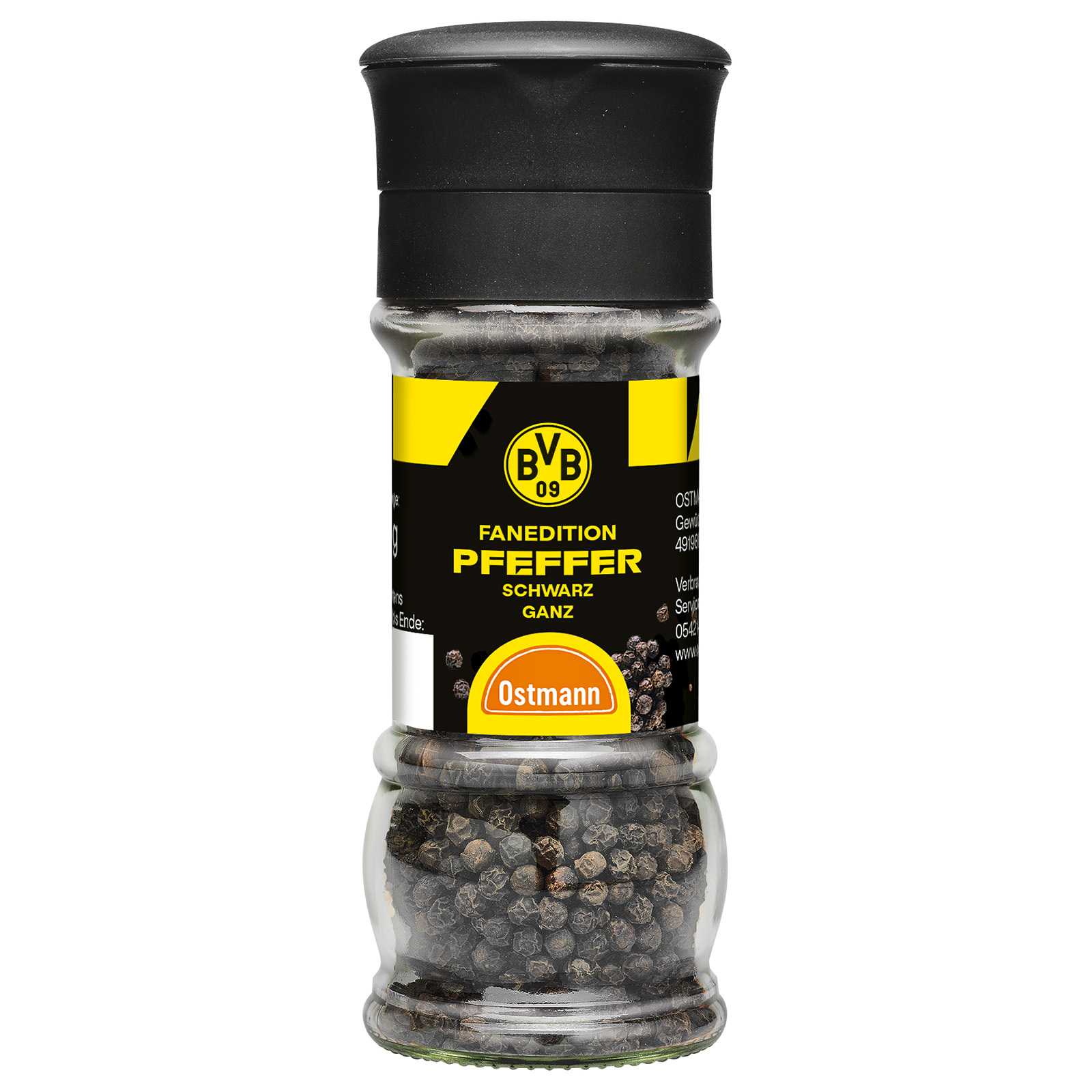 Frontansicht der schwarzgelben BVB Gewürzmühlen-Set Pfeffermühle mit BVB-Emblem und Ostmann-Logo auf dem Etikett.