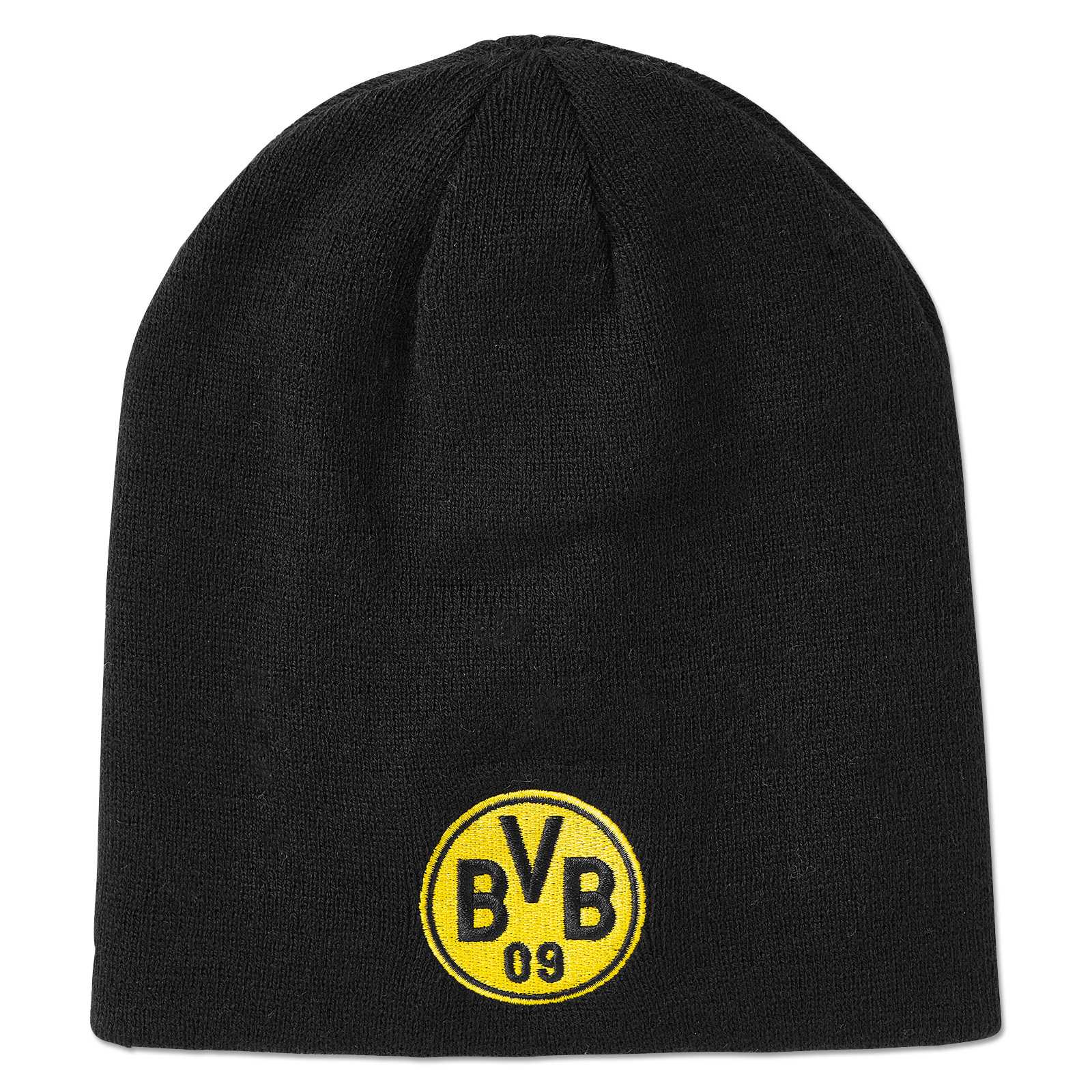 Vorderansicht der schwarzgelben BVB Logo Beanie wendbar Kinder mit BVB-Emblem vorne; schlichtes, eng anliegendes Design.