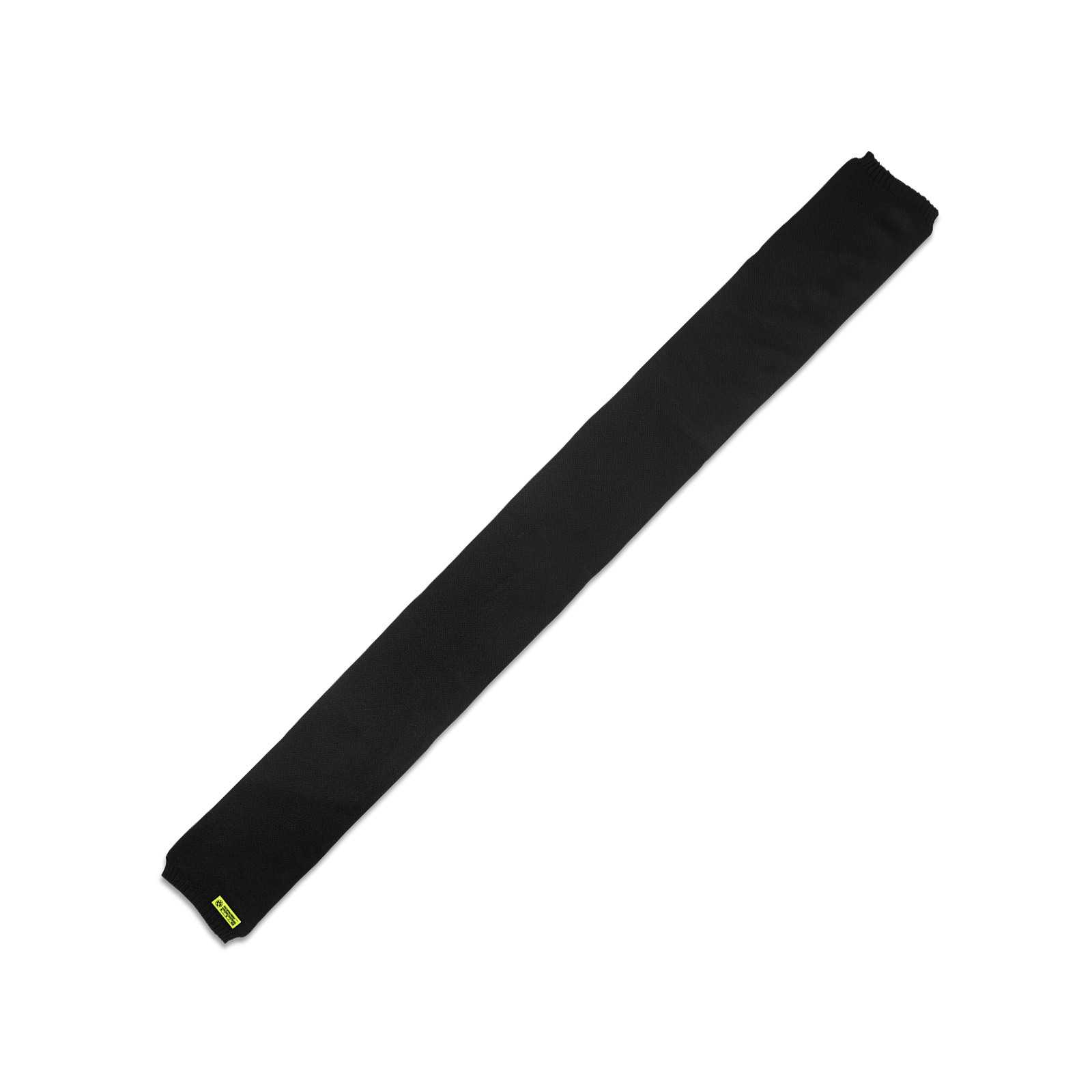 Frontalansicht des schwarzen BVB Schal Frauen mit kleinem gelbem BVB-Emblem am Ende des Schals. Schlichtes, elegantes Design.