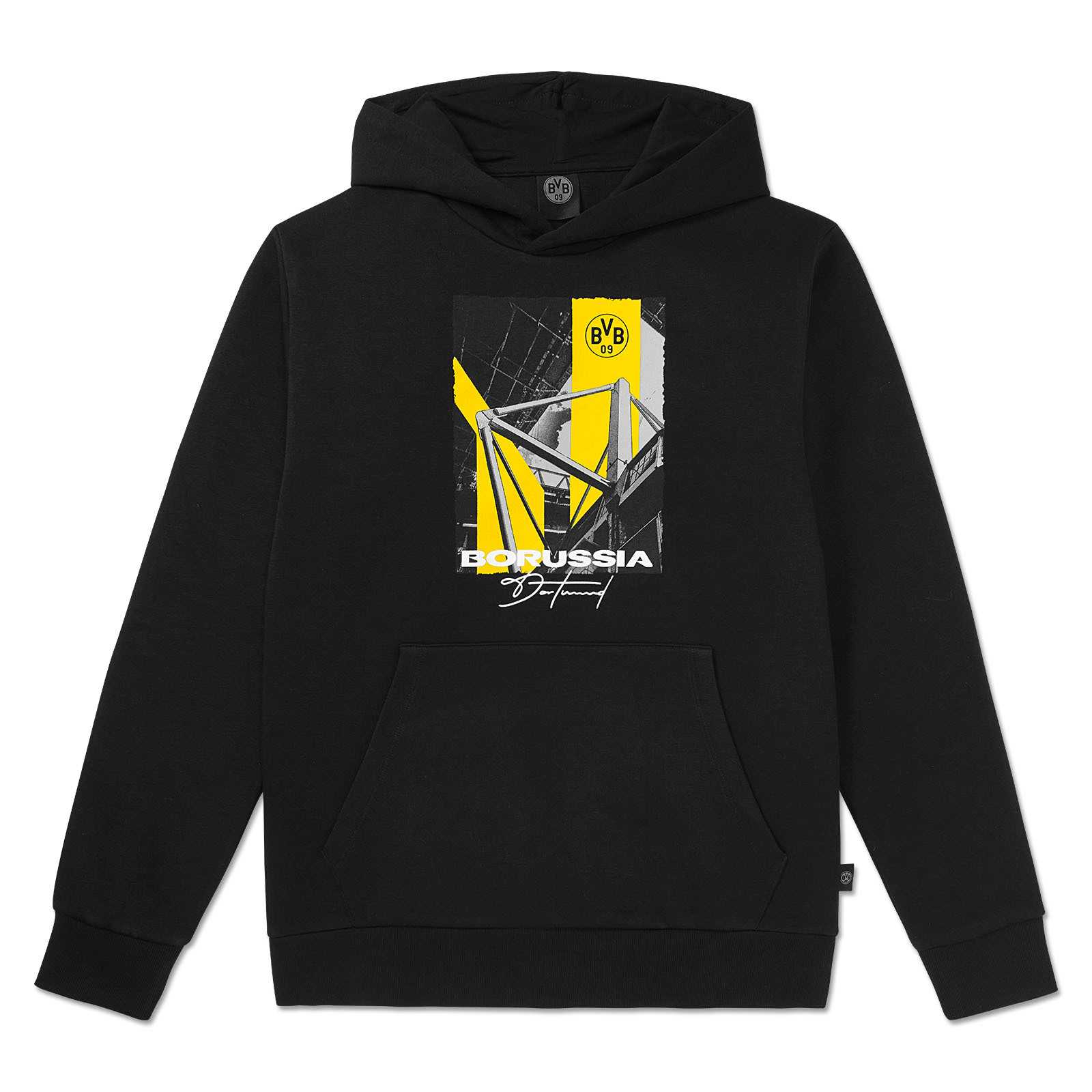 Vorderansicht des BVB Matchday Hoodie schwarz mit großem Print in schwarzgelb und weiß, BVB-Emblem sowie SIGNAL IDUNA PARK Motiv auf der Brust.