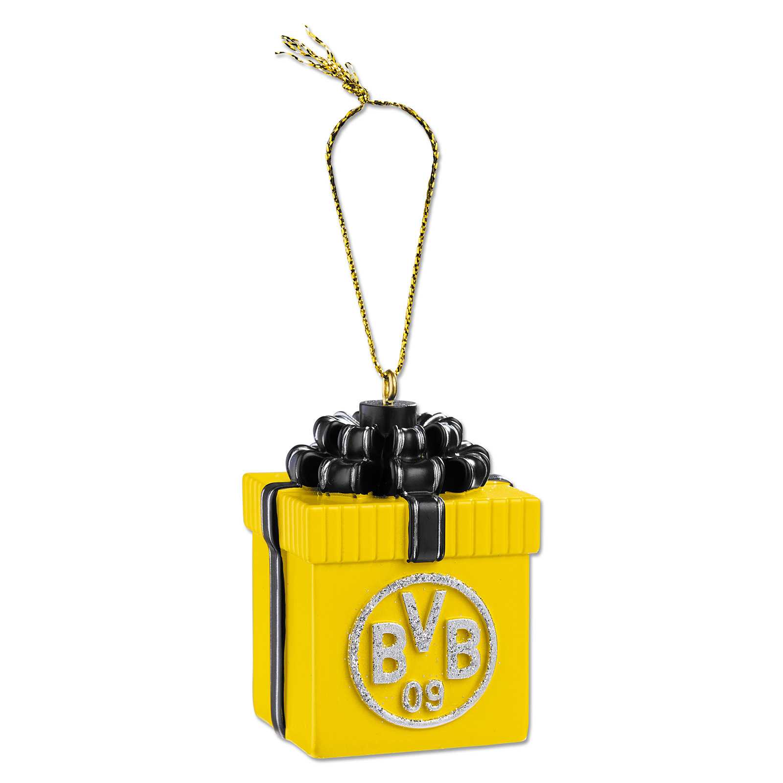 Vorderansicht des BVB Weihnachtsbaumanhängers Geschenk in schwarzgelb mit großer schwarzer Schleife und silbernem BVB-Emblem auf der Vorderseite.