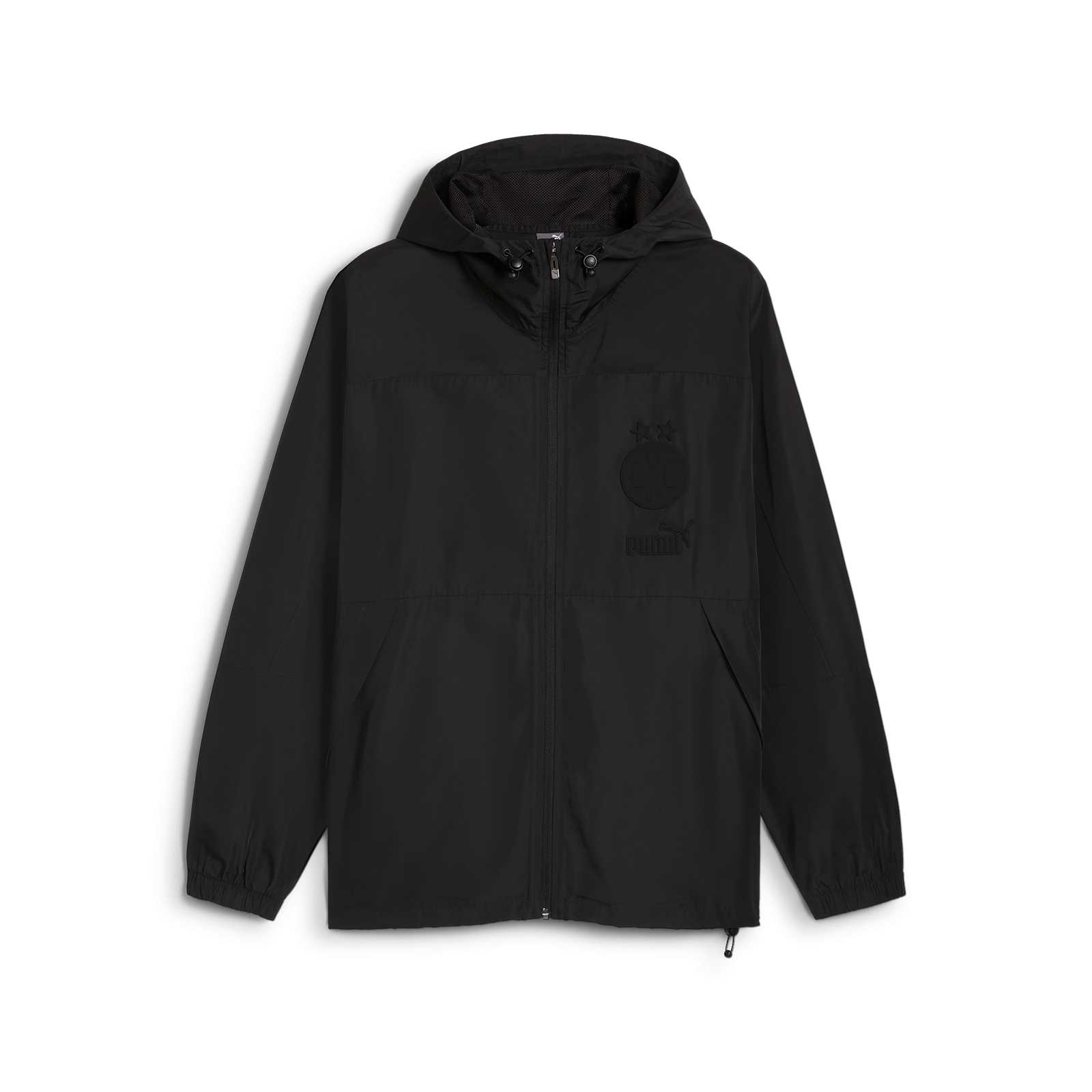 Vorderansicht der schwarzen BVB Ftbl Monochrome Zipjacke mit Kapuze, dezentem BVB-Emblem und Puma-Logo auf der Brust.