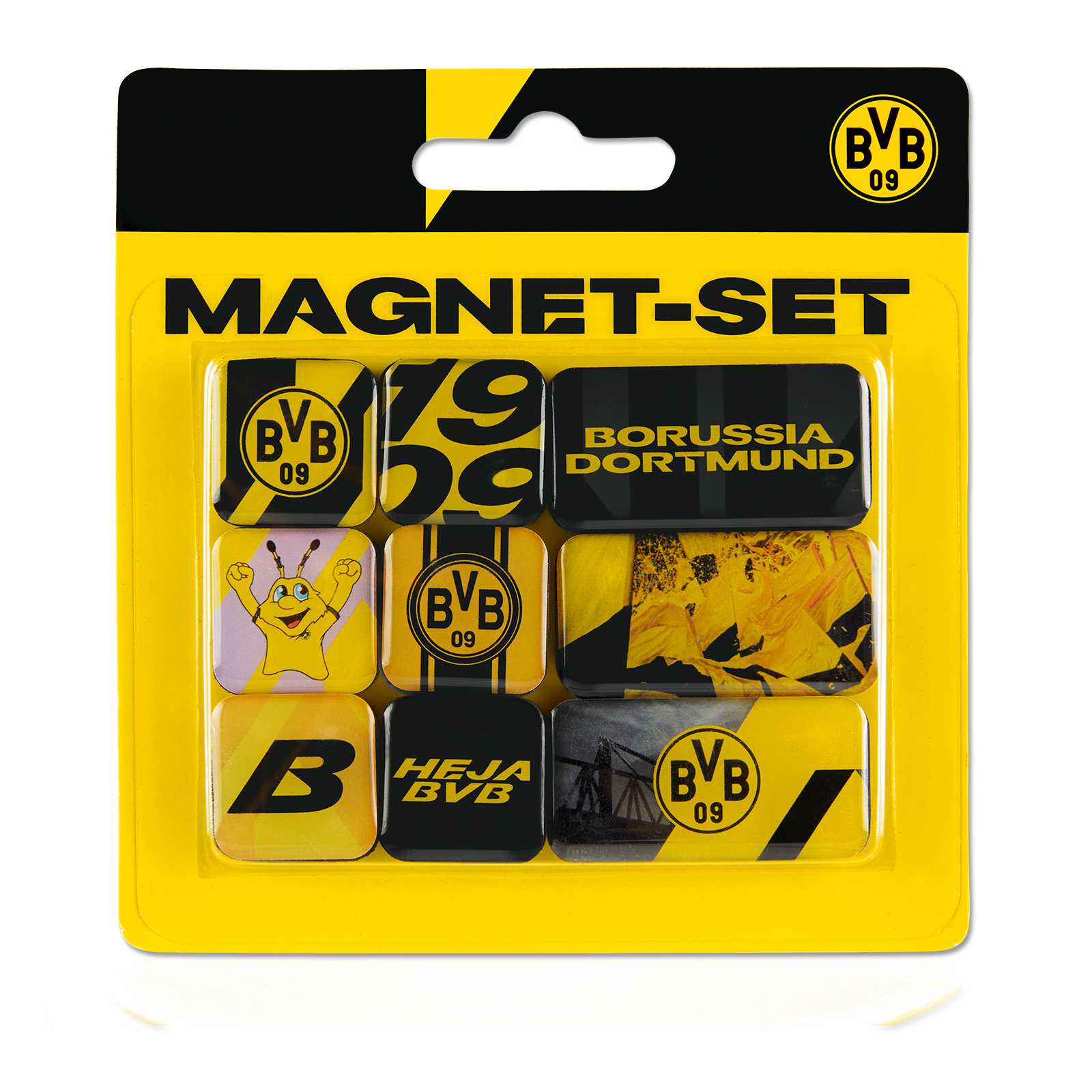 Vorderansicht des BVB Magnet Set 09 mit neun unterschiedlichen schwarzgelben Magneten, teils mit BVB-Emblem, EMMA und Borussia Dortmund-Schriftzug.