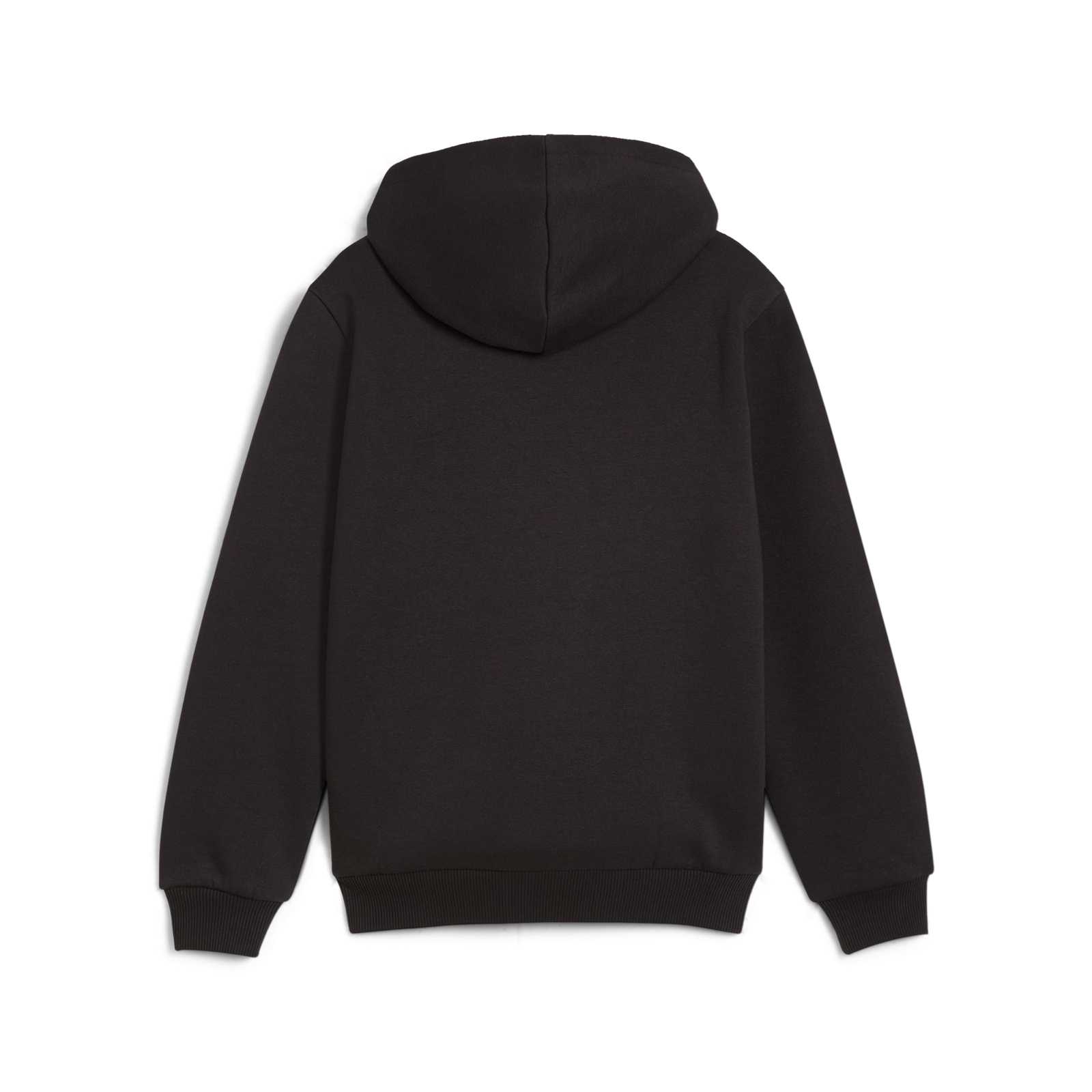Rückansicht des BVB Essential Hoodie Kinder in Schwarz, mit Kapuze und gerippten Bündchen. Das schlichte Design zeigt keine sichtbaren Logos.