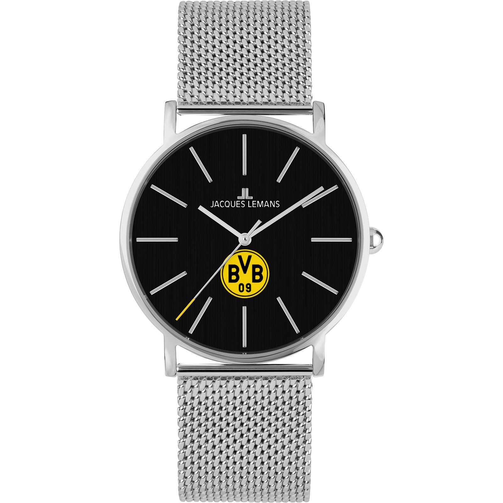 Frontalansicht der BVB Uhr Unisex mit silbernem Milanaiseband von Jacques Lemans, schwarzem Zifferblatt und zentral platziertem BVB-Emblem.