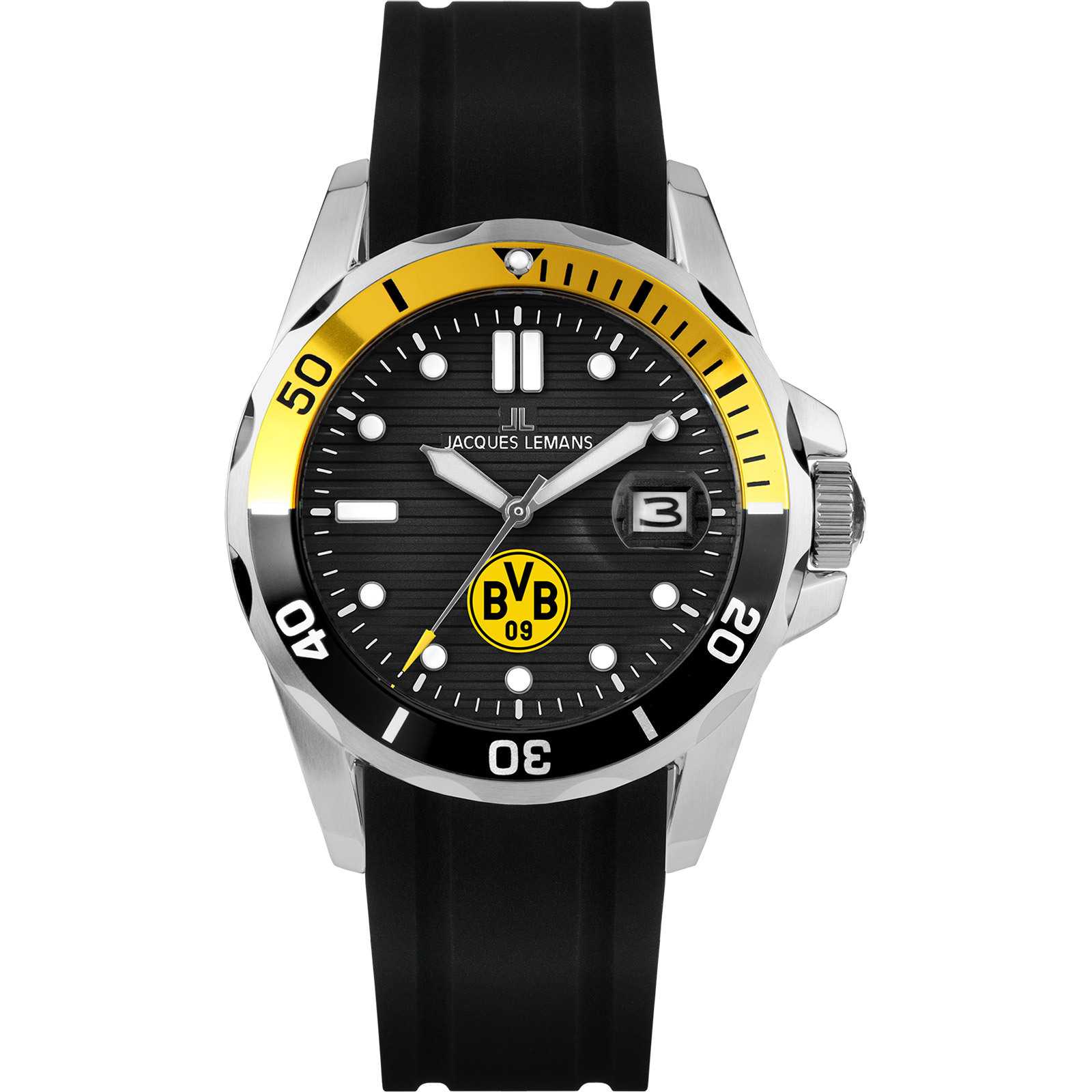 Vorderansicht der BVB Uhr mit Silikonband von Jacques Lemans in schwarzgelb, mit BVB-Emblem auf dem Zifferblatt und silberfarbenem Gehäuse.