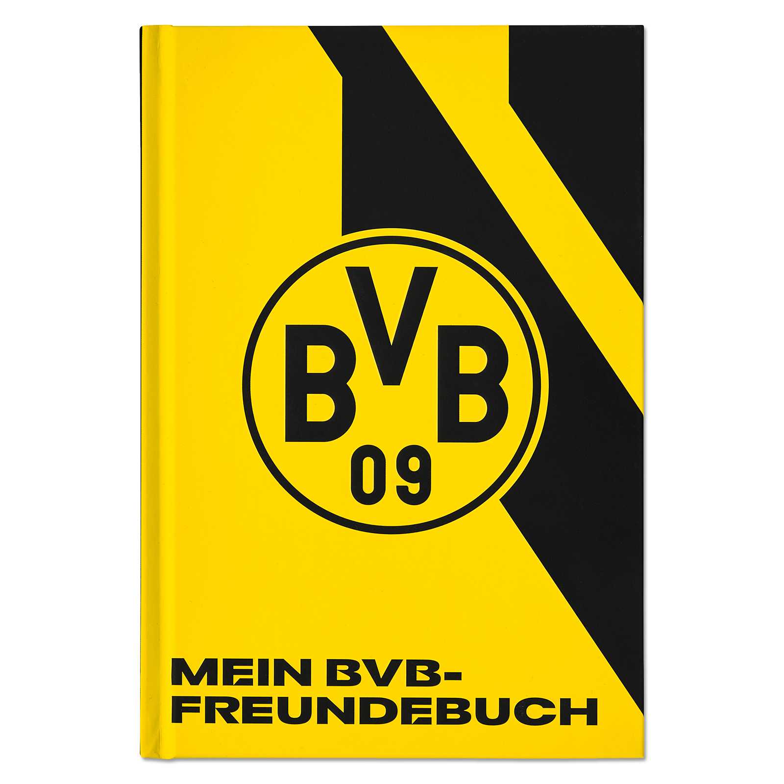 Vorderansicht des BVB Freundealbum 2024 mit schwarzgelbem Cover, großem BVB-Emblem und der Aufschrift "Mein BVB-Freundebuch" in Schwarz.