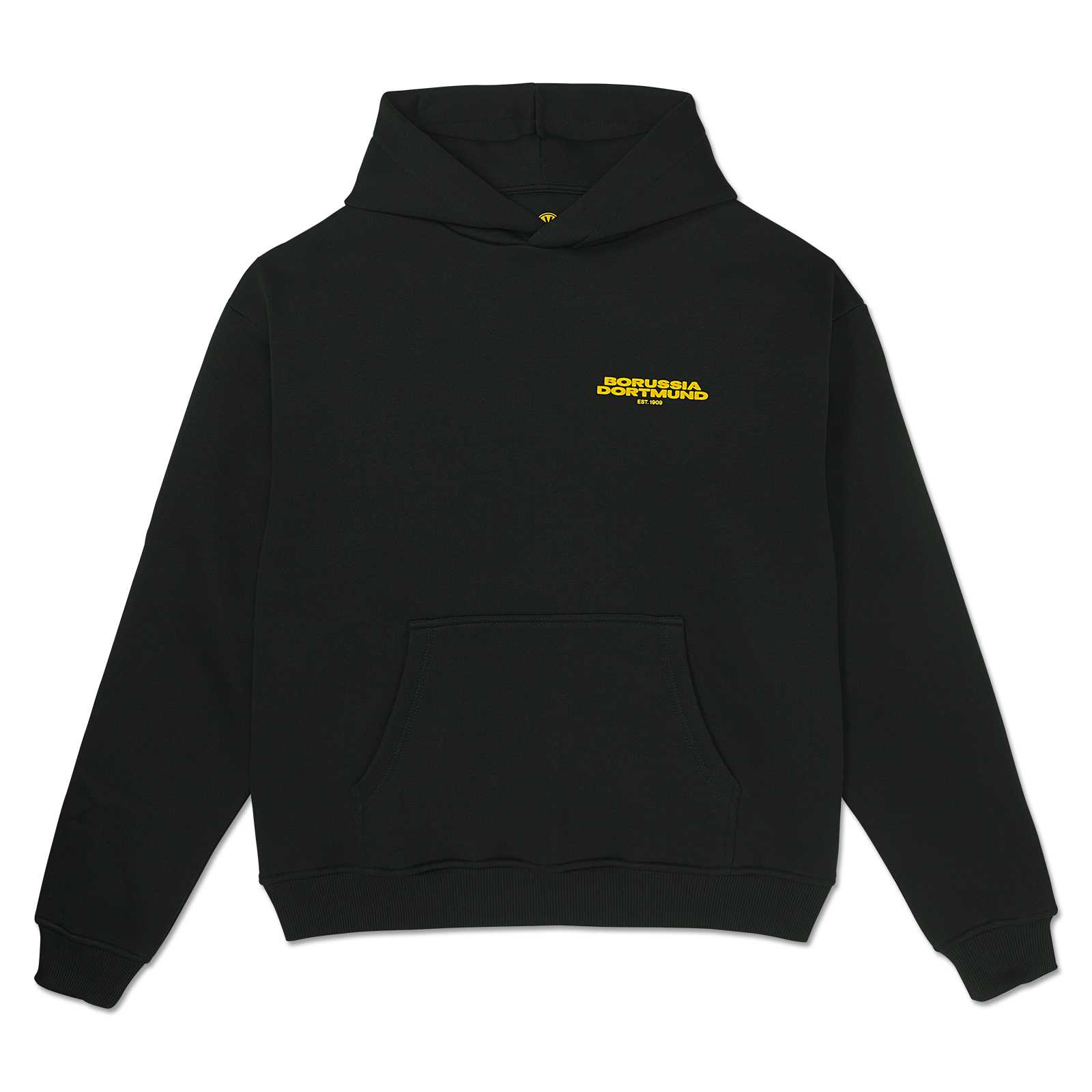 Vorderansicht des BVB Urban Hoodie anthrazit mit gelbem Borussia Dortmund-Schriftzug auf der Brust und Kängurutasche.