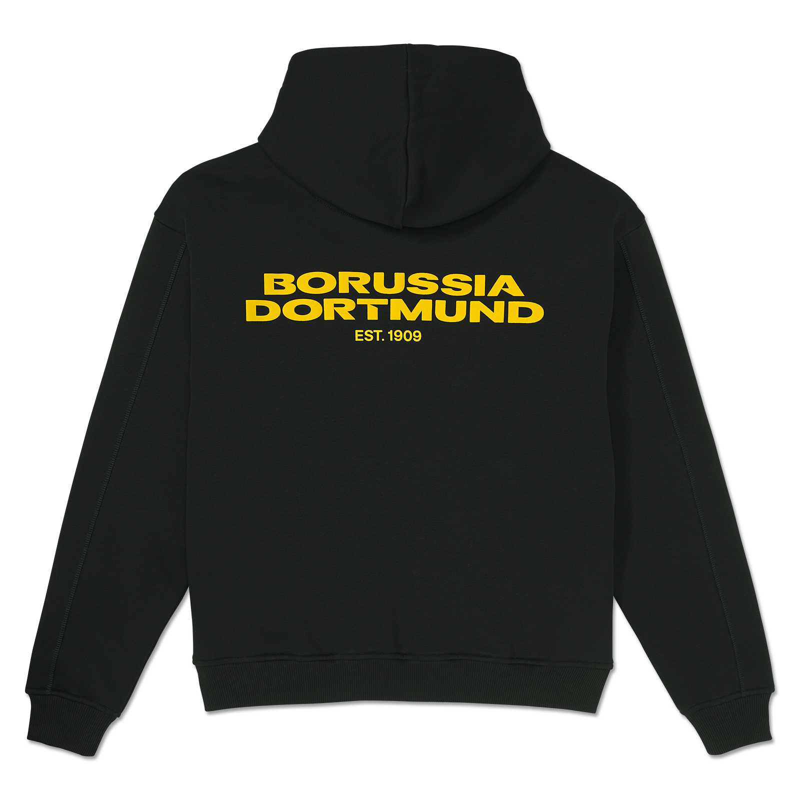 Rückansicht des BVB Urban Hoodie anthrazit mit großem gelbem „BORUSSIA DORTMUND EST. 1909“-Schriftzug auf dem Rücken.