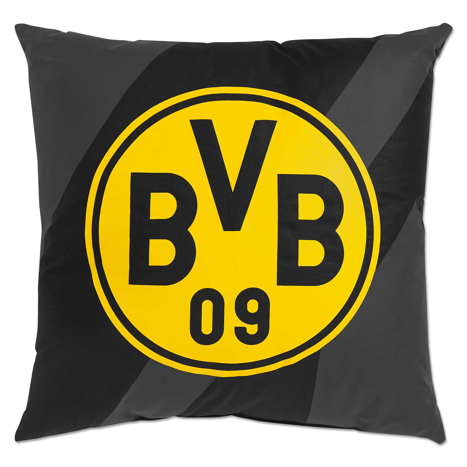 Vorderansicht des BVB Kissens "Borussia" in schwarzgelb mit großem, zentral platzierten BVB-Emblem auf dunkel gemustertem Hintergrund.