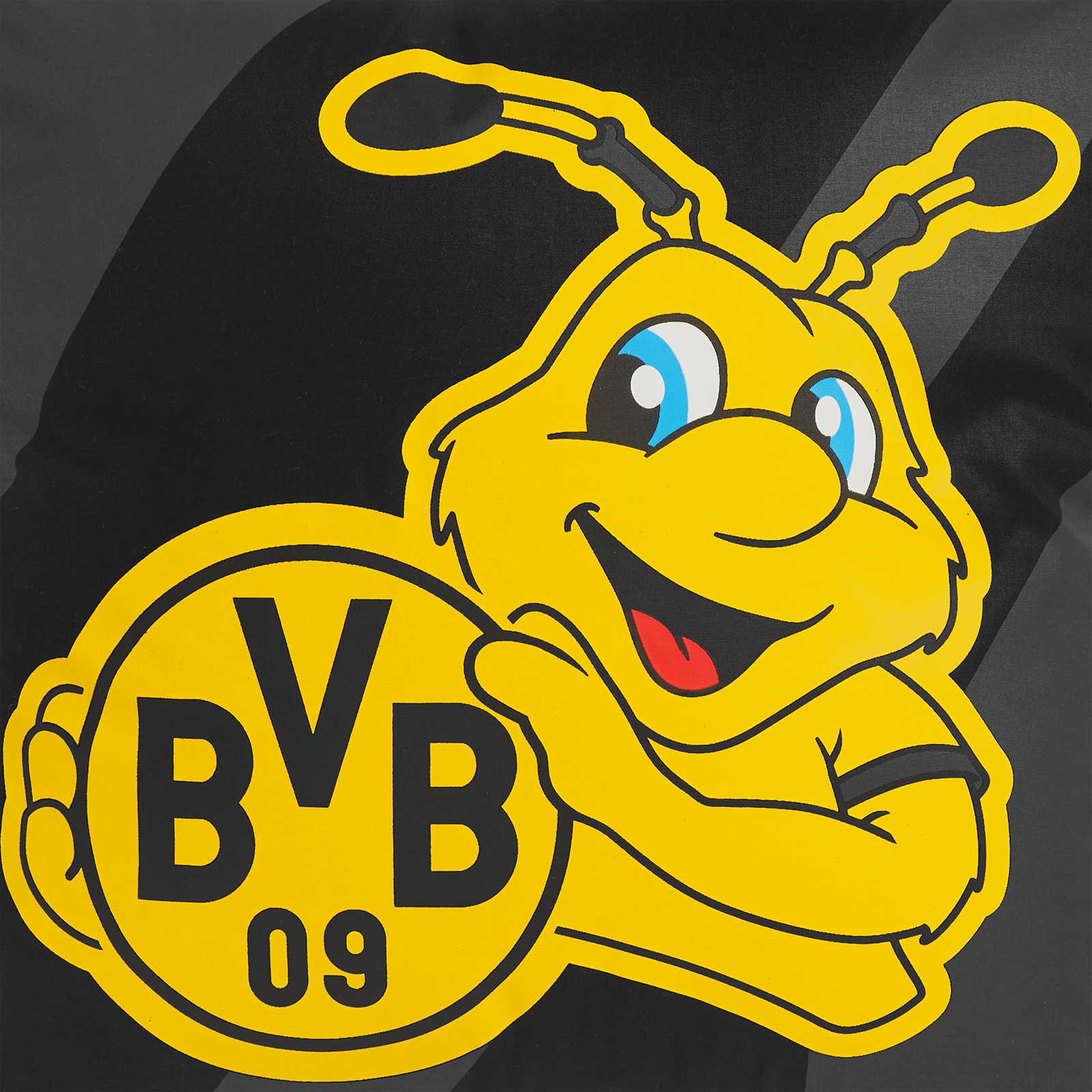 Vorderansicht des schwarzgelben BVB Kissens EMMA mit großem EMMA-Maskottchen und BVB-Emblem auf dem Bezug.