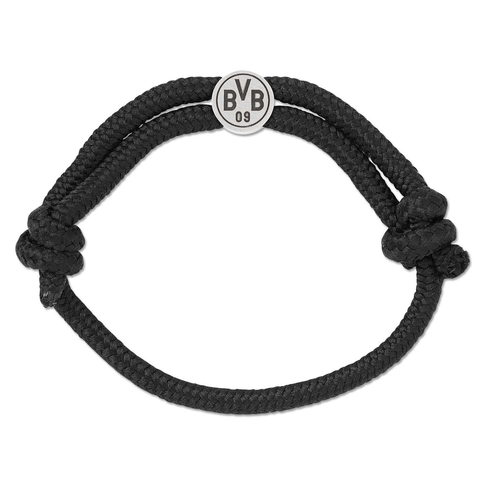 Vorderansicht des schwarzen BVB Armband MBRC aus geflochtenem Band mit rundem Metallanhänger und BVB-Emblem.