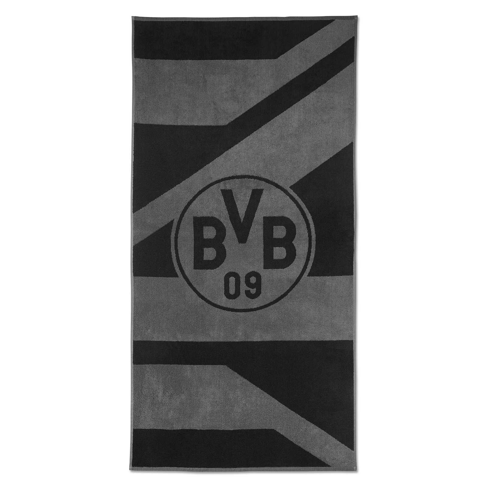 Vorderansicht des BVB Duschtuchs grau/schwarz 70x140 cm mit großen, diagonalen Streifen und zentral platziertem BVB-Emblem.