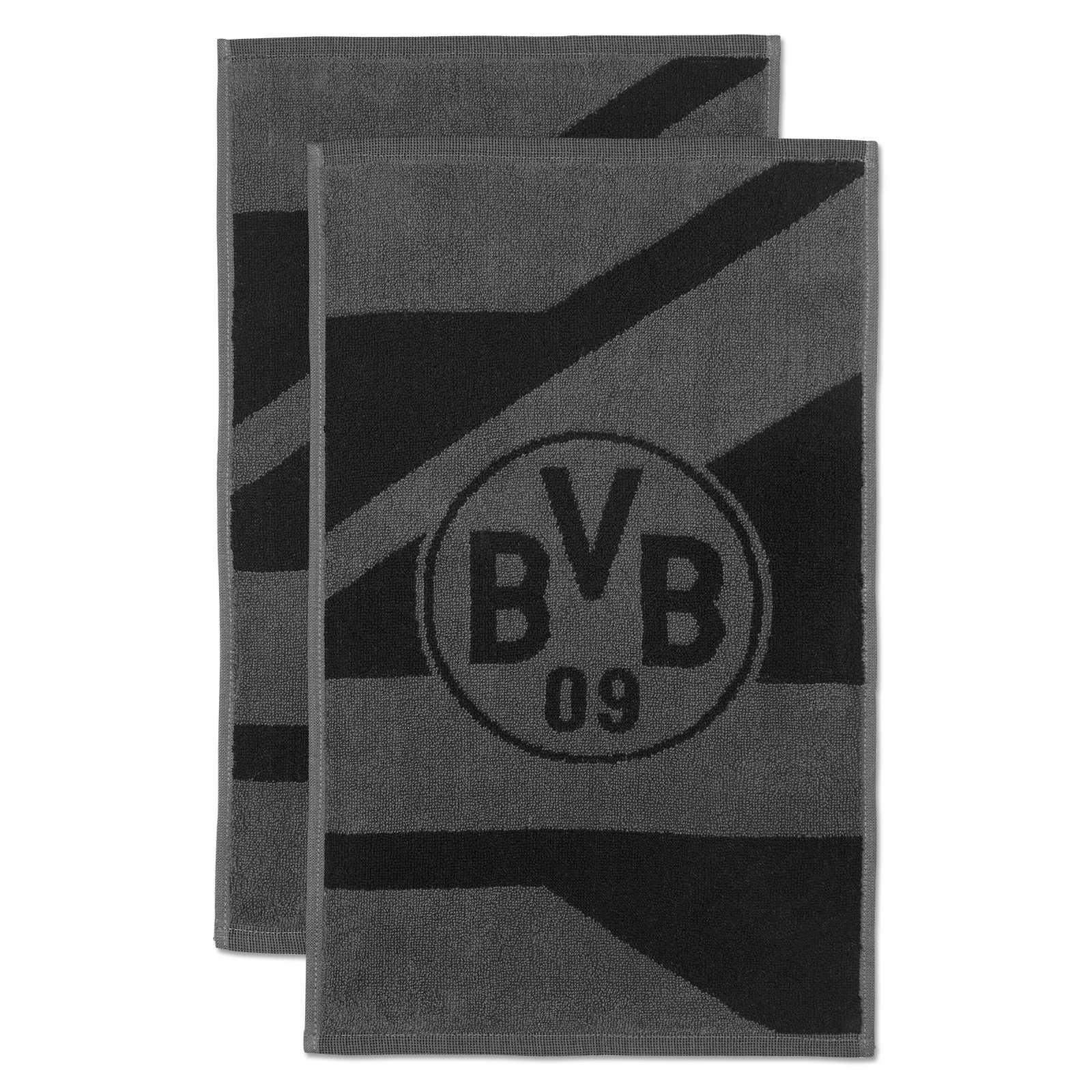 Vorderansicht des BVB Gästetuch grau/schwarz 2er Sets mit großem BVB-Emblem in der Mitte und schwarzen Streifen auf grauem Hintergrund.