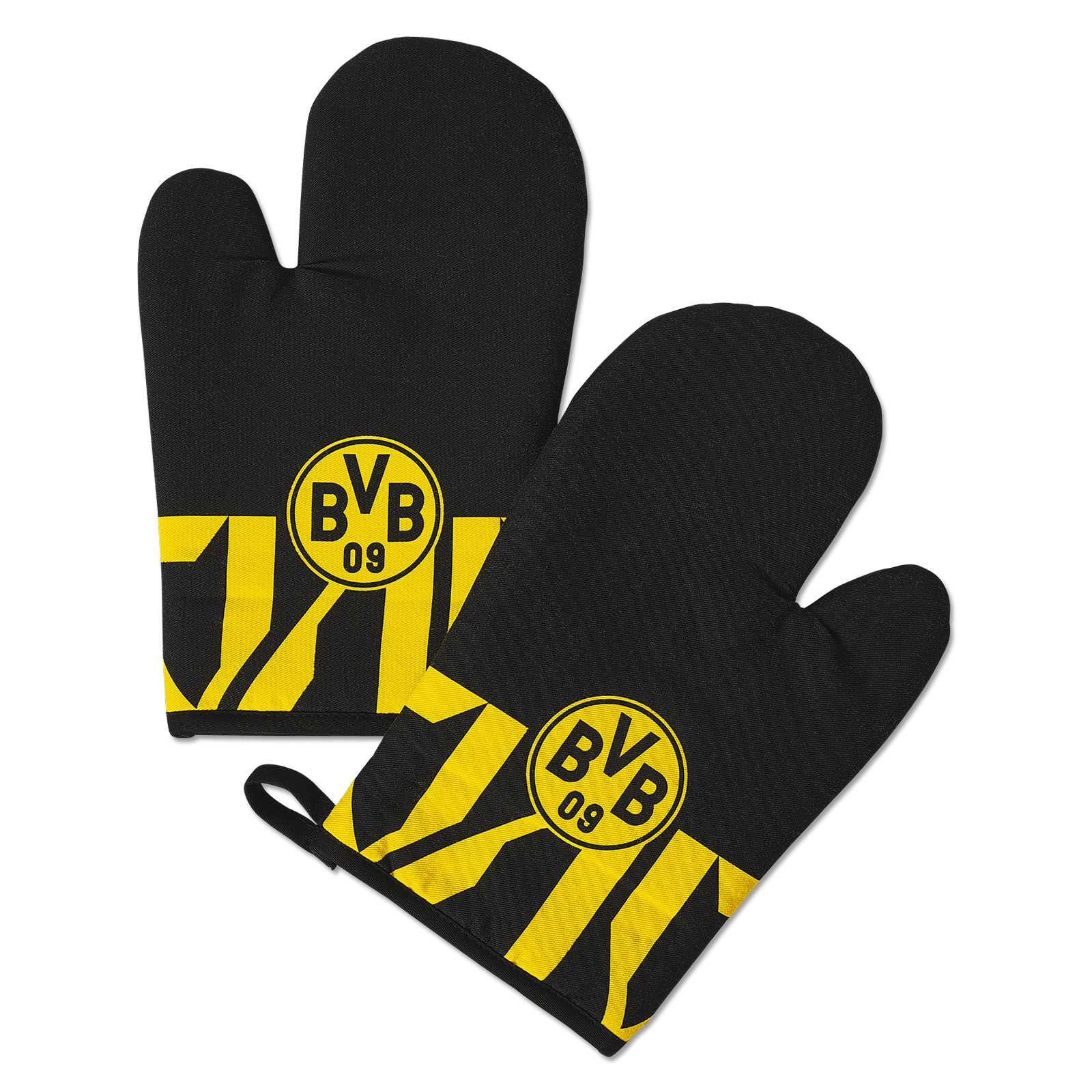 Vorderansicht der schwarzgelben BVB Ofenhandschuhe mit gelbem BVB-Emblem und gelben Streifen am unteren Rand.