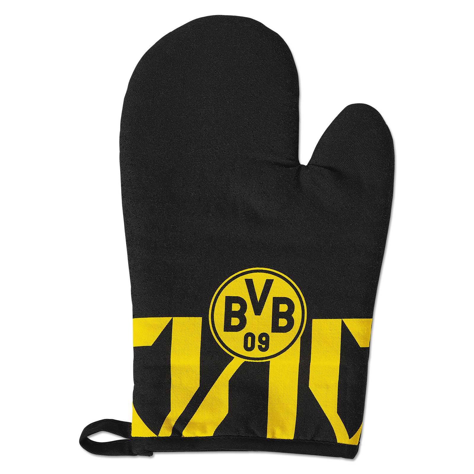 Vorderansicht des schwarzgelben BVB Ofenhandschuhs mit auffälligem BVB-Emblem und gelbem Streifen-Design am unteren Rand.