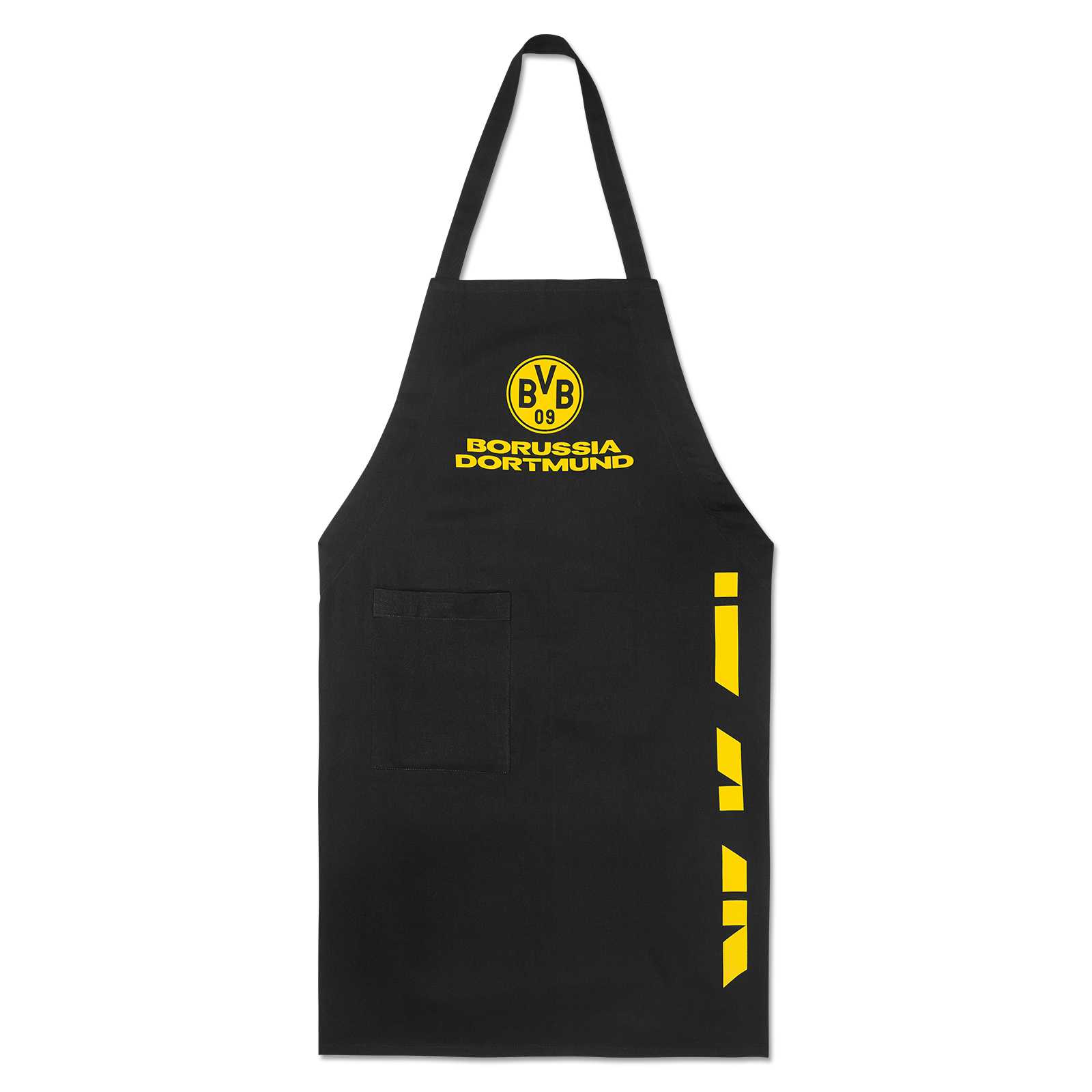 Vorderansicht der schwarzgelben BVB Schürze für Küche & Grill, mit BVB-Emblem und "Borussia Dortmund"-Schriftzug auf der Brust sowie gelben Designelementen an der Seite.