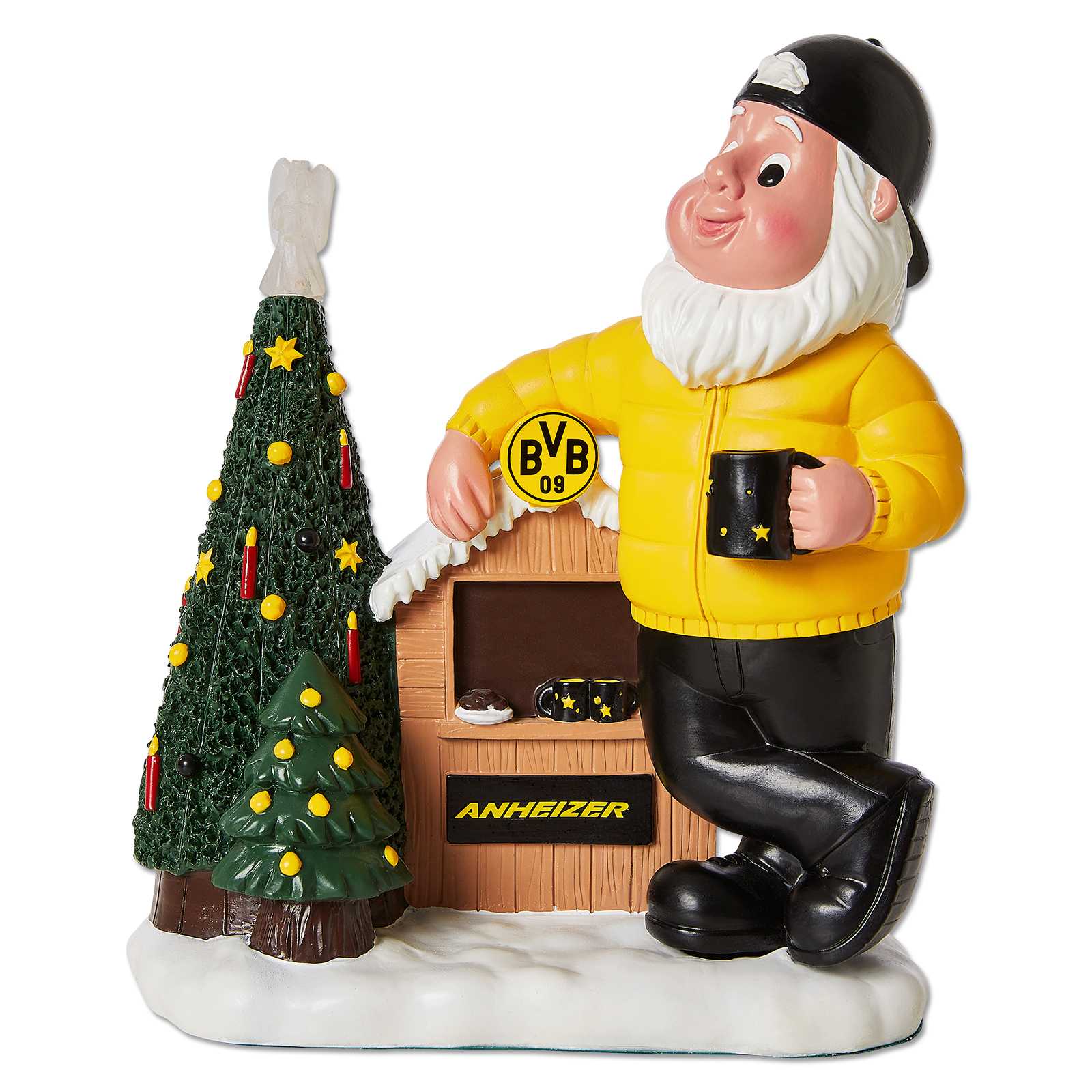 Vorderansicht des BVB Wintergartenzwergs mit gelber Jacke und schwarzer Kappe, stehend vor einer Hütte mit BVB-Emblem und Tannenbäumen im Schnee.