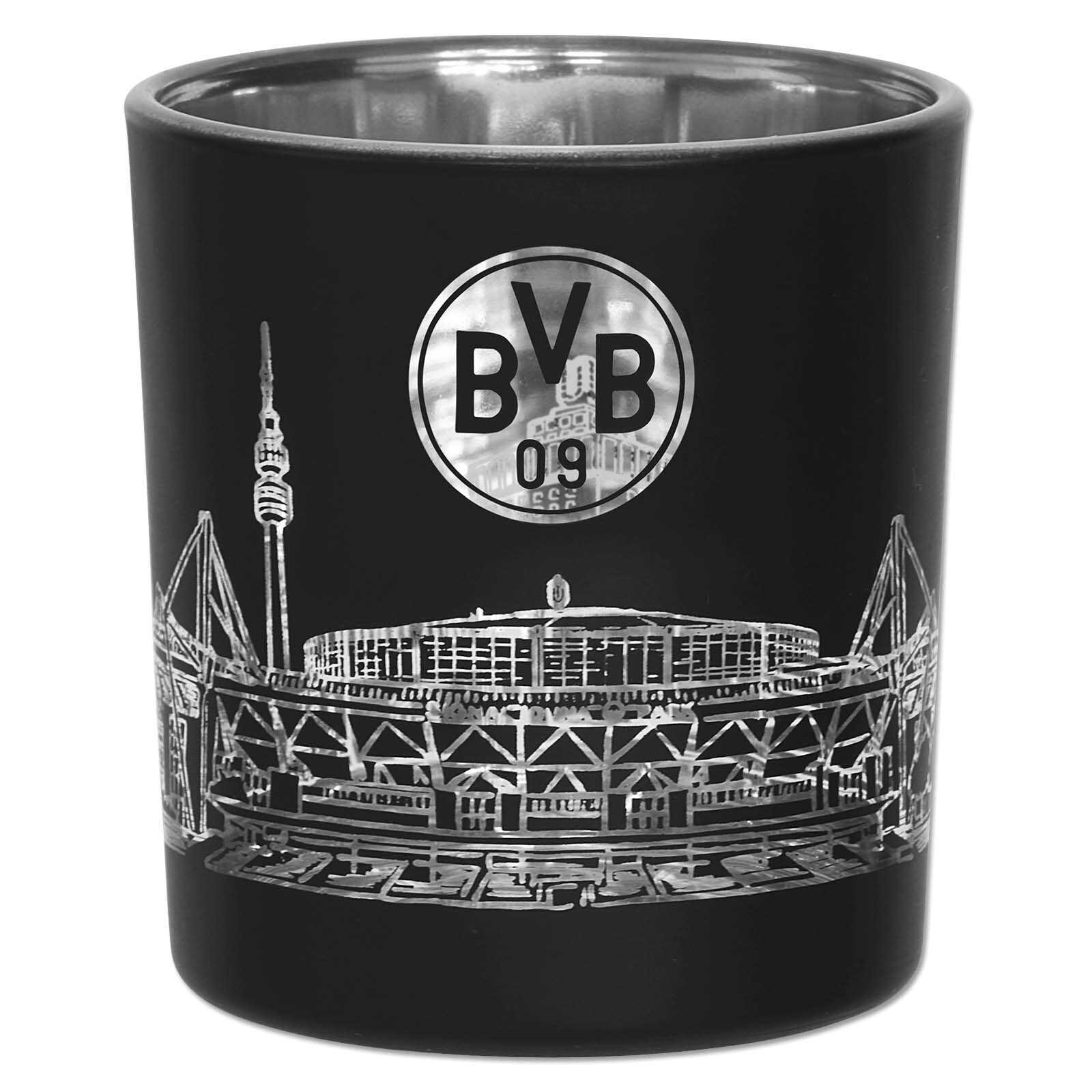 Vorderansicht des BVB Windlichts in Schwarz mit silbernem SIGNAL IDUNA PARK und BVB-Emblem auf der Vorderseite.