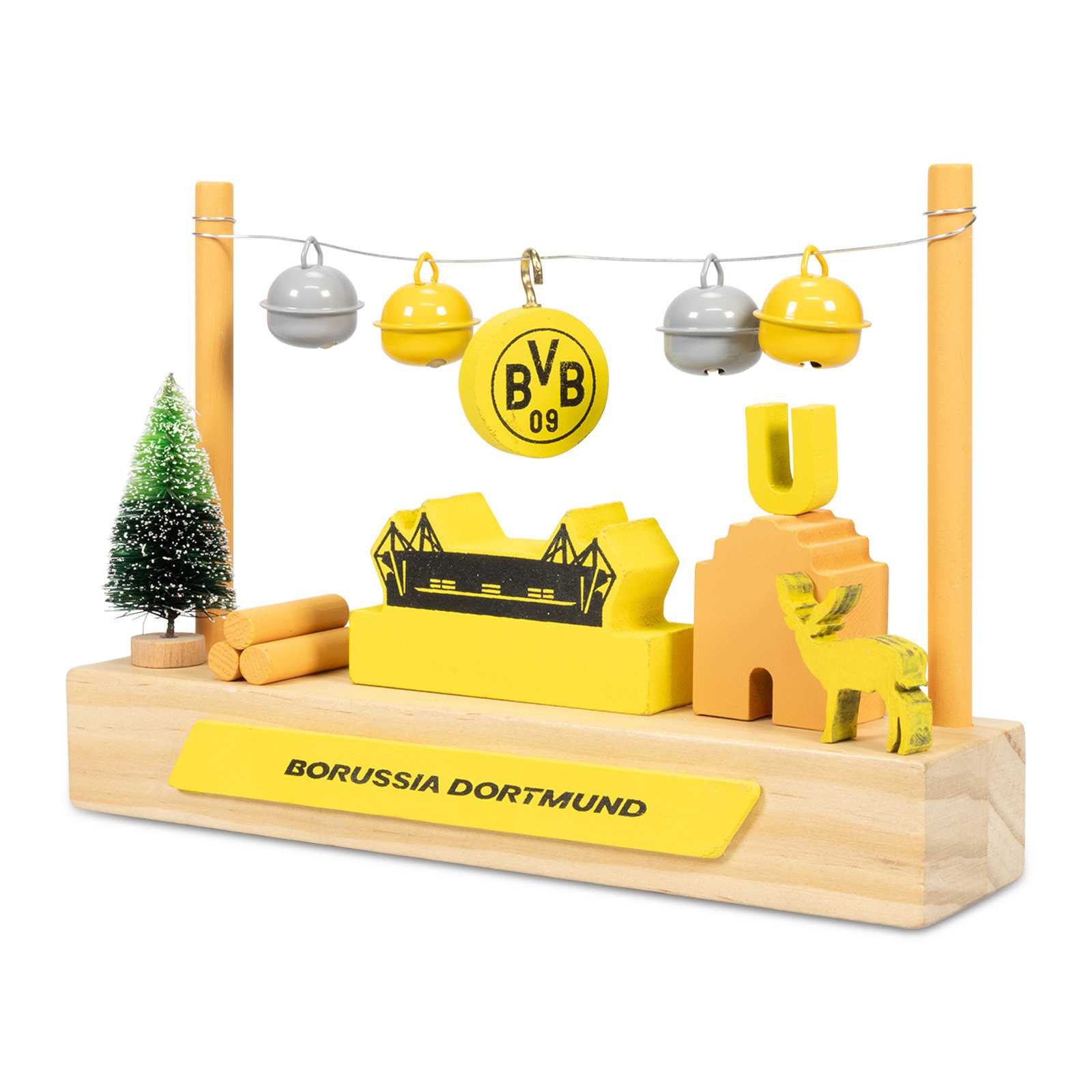 Frontansicht des BVB Holzstadion mit schwarzgelben Elementen, BVB-Emblem, MINI-SIGNAL IDUNA PARK, Dortmunder U, Baum und gelber Borussia Dortmund-Schriftzug.