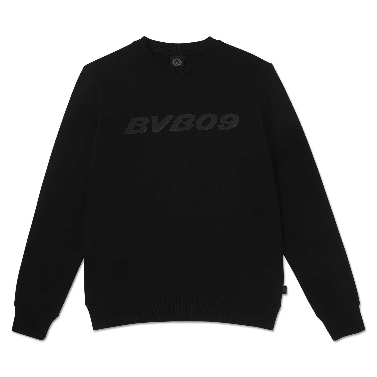 Vorderansicht des schwarzen BVB Pullover Heat mit schwarzem „BVB09“-Schriftzug auf der Brust. Rundhals und Ärmelbündchen sichtbar.