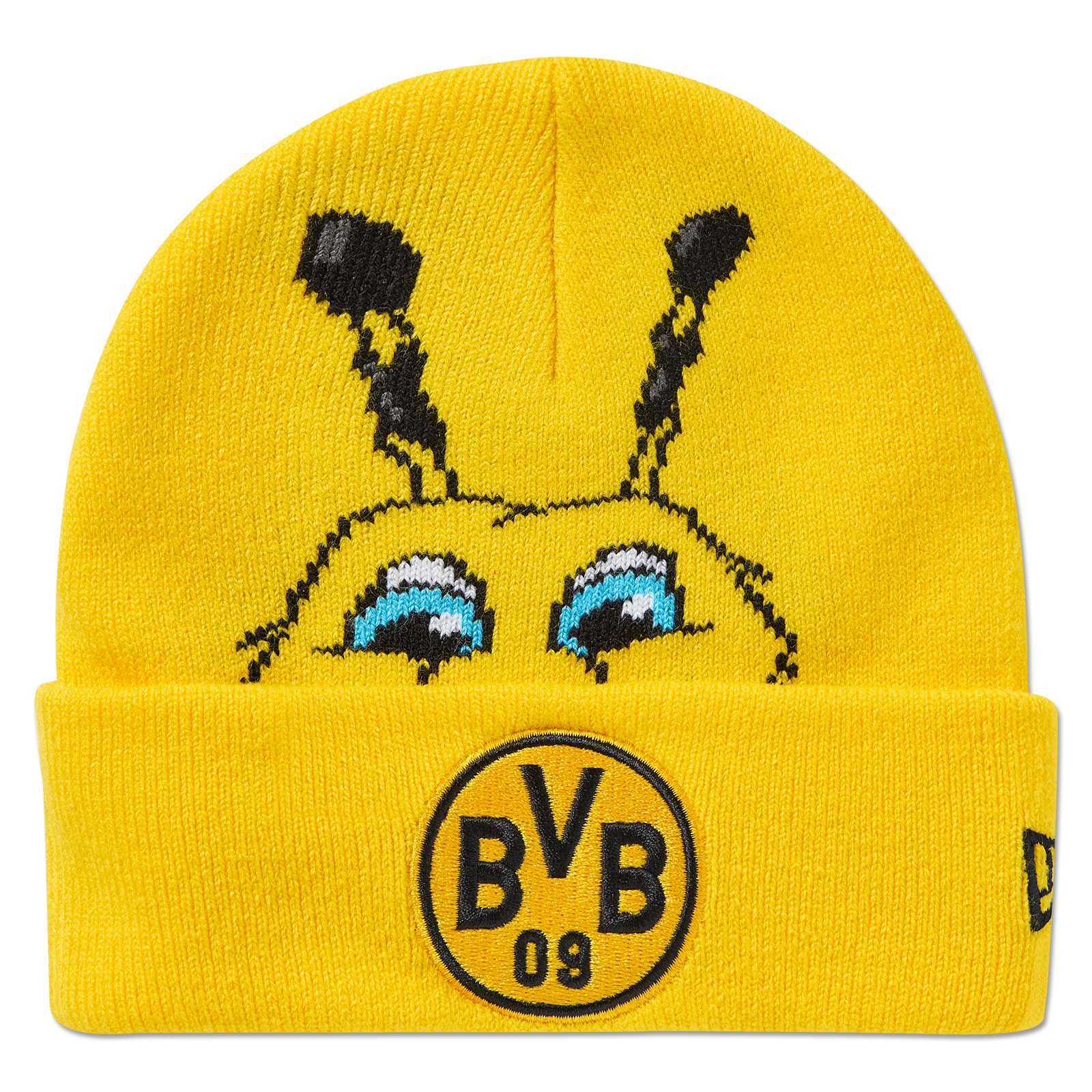 Vorderansicht der gelben BVB Beanie New Era Emma für Kinder mit EMMA-Motiv und gesticktem BVB-Emblem auf dem Umschlag.