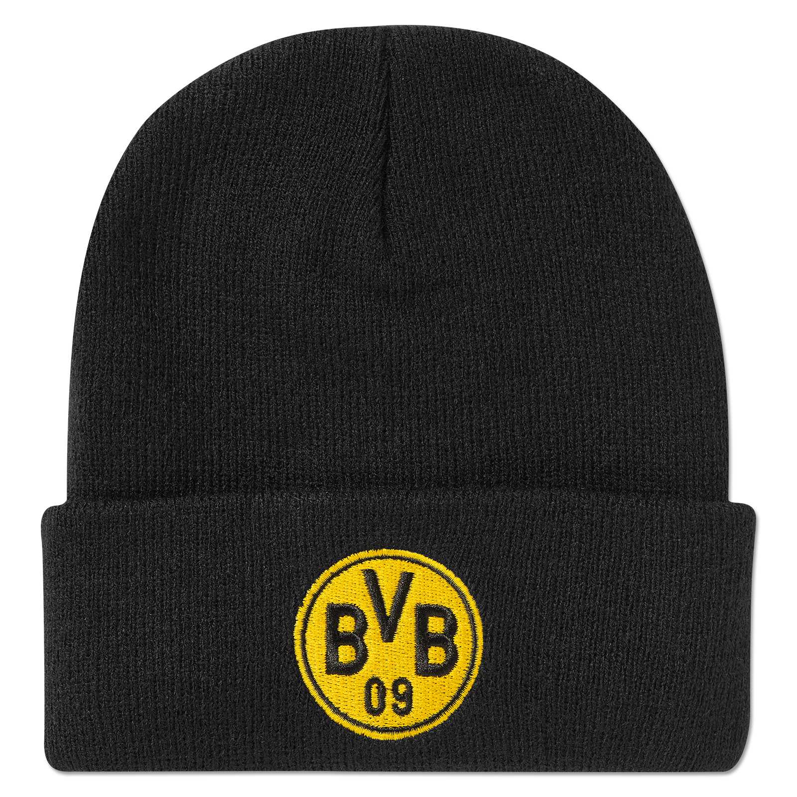 Vorderansicht der schwarzgelben BVB Beanie Logo Kinder, schwarze Strickmütze mit auffälligem BVB-Emblem auf dem umgeschlagenen Bund.