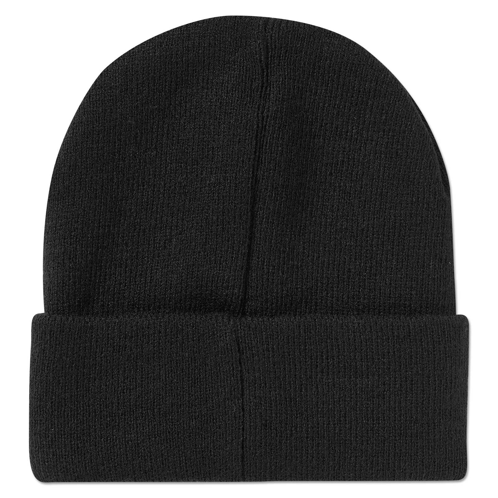 Vorderansicht der schwarzgelben BVB Beanie Logo Kinder Mütze; einfarbig schwarz mit breitem Umschlag, ohne sichtbares BVB-Emblem.