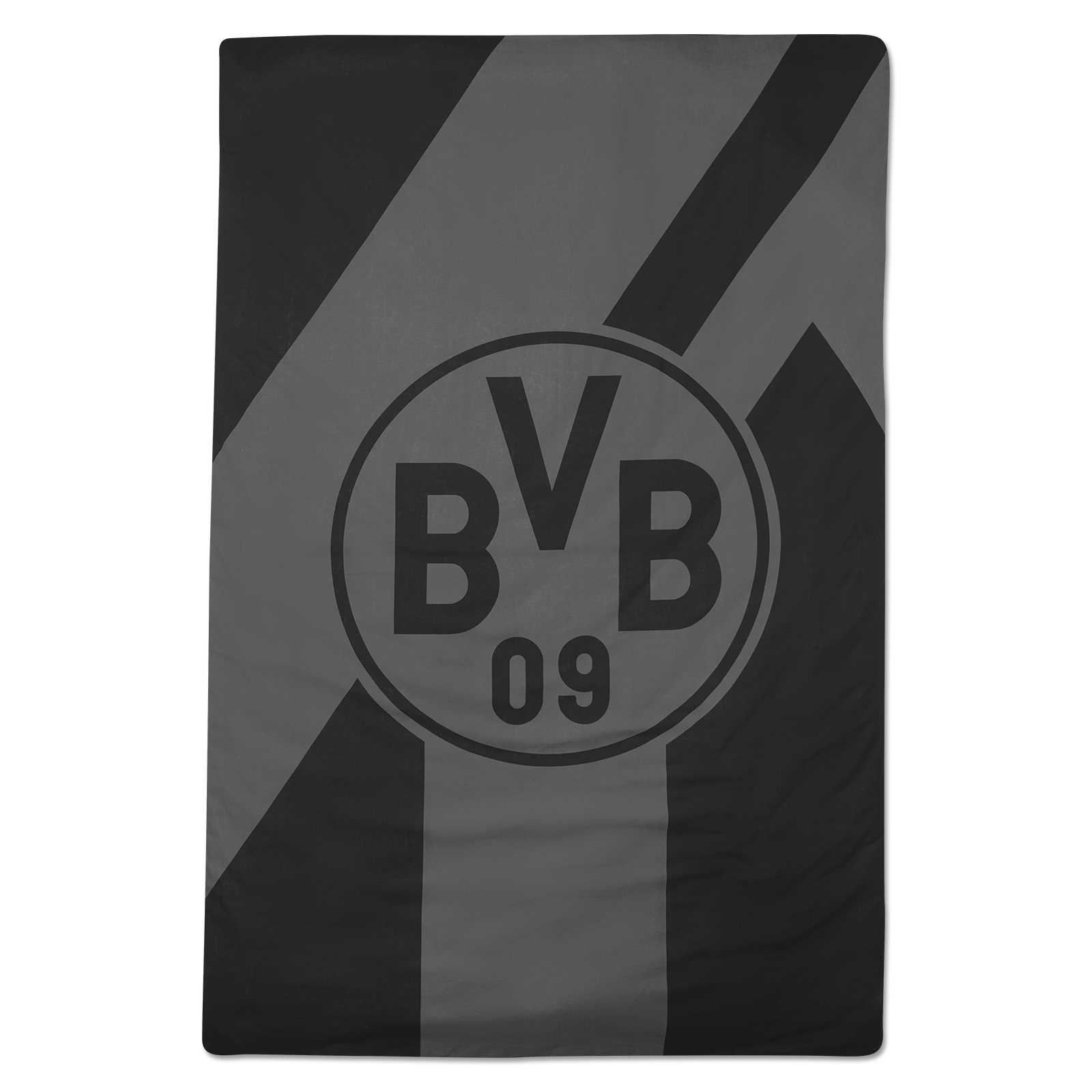 Vorderansicht der BVB Bettwäsche "Borussia" 135x200 cm in schwarzgelb mit großem zentralen BVB-Emblem und dynamischem Streifendesign.