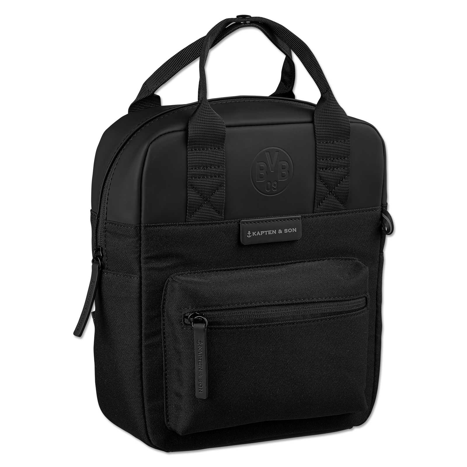 Vorderansicht des schwarzen BVB X Kapten & Son Bergen Kids Rucksacks mit BVB-Emblem und Kapten & Son-Logo auf der Fronttasche.