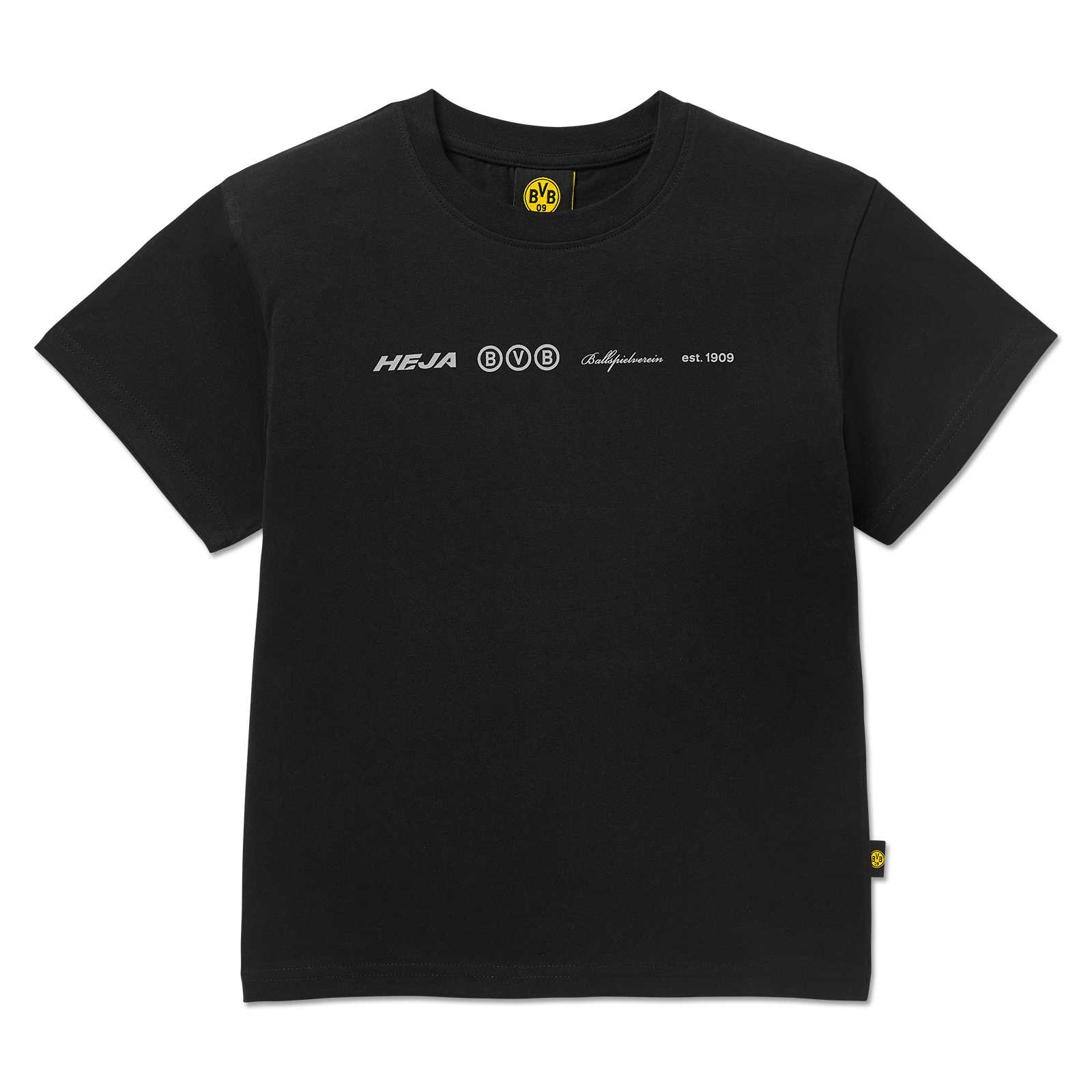 Vorderansicht des schwarzgelben BVB T-shirt oversized Kinder mit weißem Print und kleinem BVB-Emblem am Kragen.