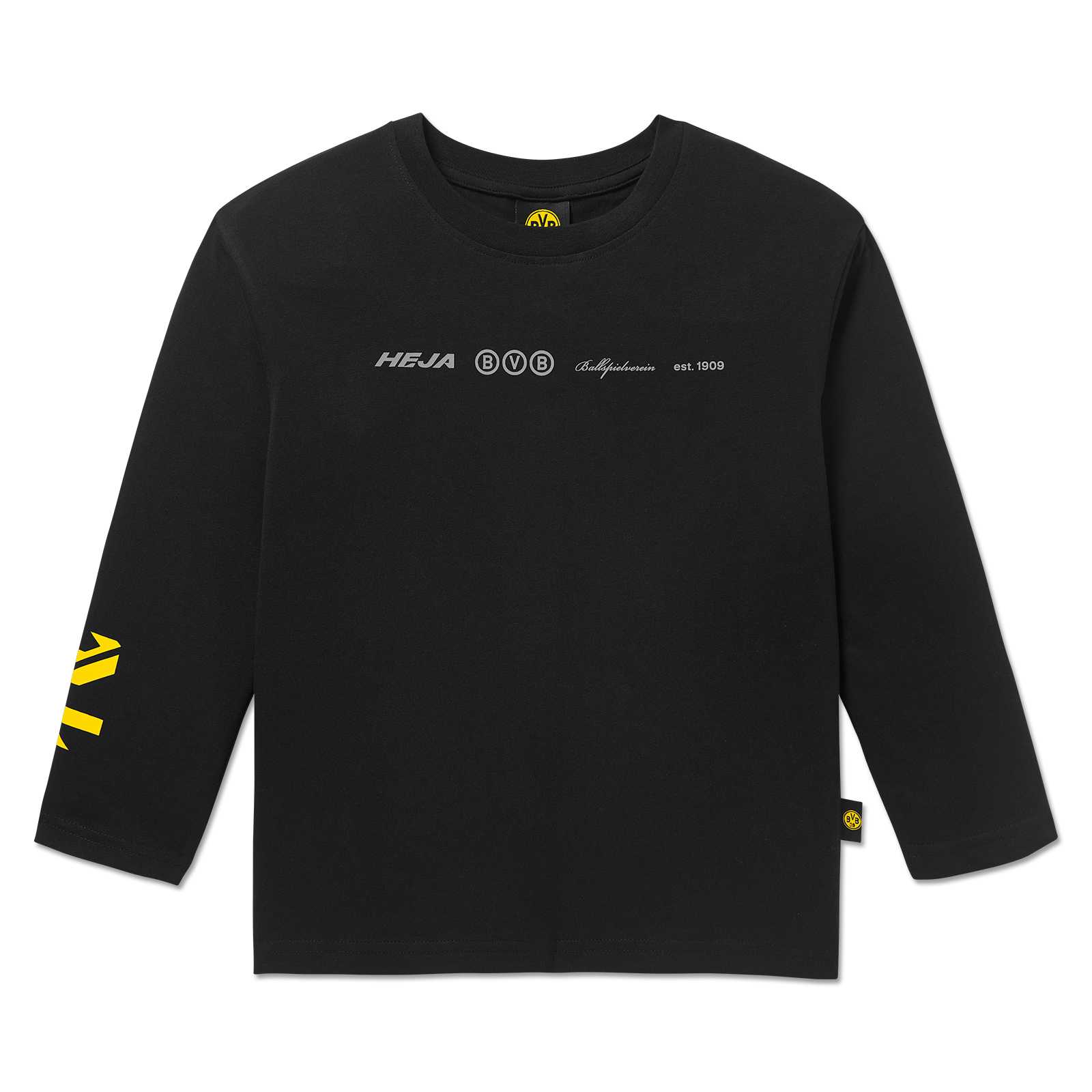 Vorderansicht des schwarzgelben BVB Longsleeve oversized Kinder mit gelbem BVB-Emblem am Saum und gelbem Design auf dem Ärmel. Schriftzug "HEJA BVB" auf der Vorderseite.