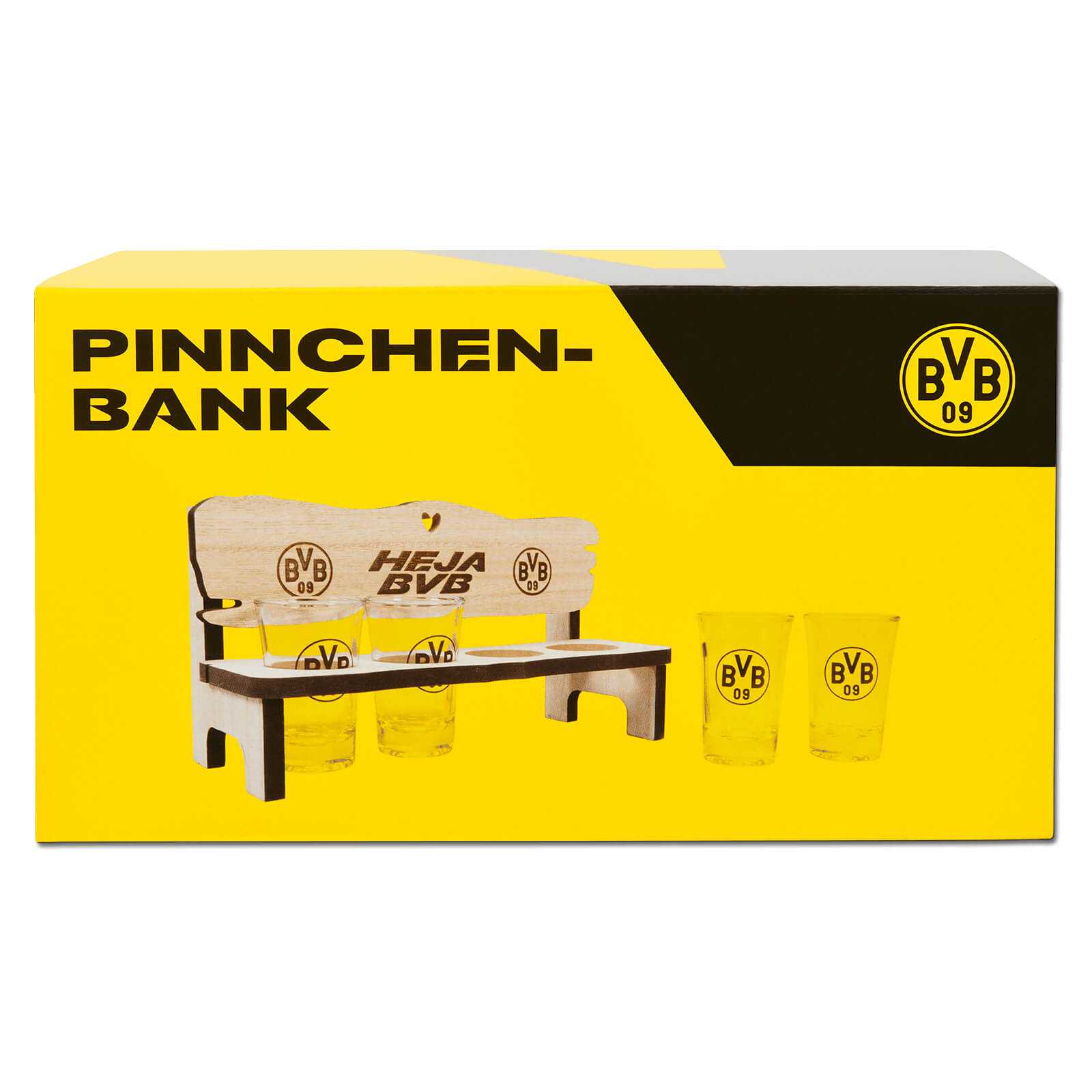 Vorderansicht der BVB Pinnchenbank in schwarzgelb mit Miniatur-Holzbank, sechs Pinnchen mit BVB-Emblem und "Heja BVB"-Schriftzug auf der Verpackung.