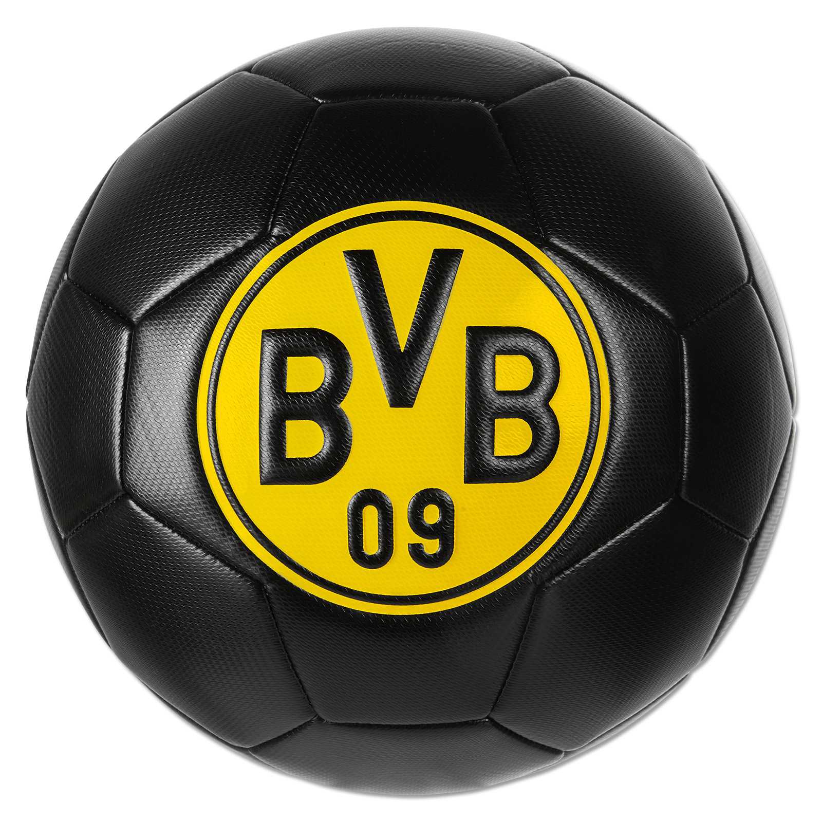 Vorderansicht des BVB Ball schwarz embossed mit schwarzgelber Optik und geprägtem BVB-Emblem zentral auf dem Fußball.