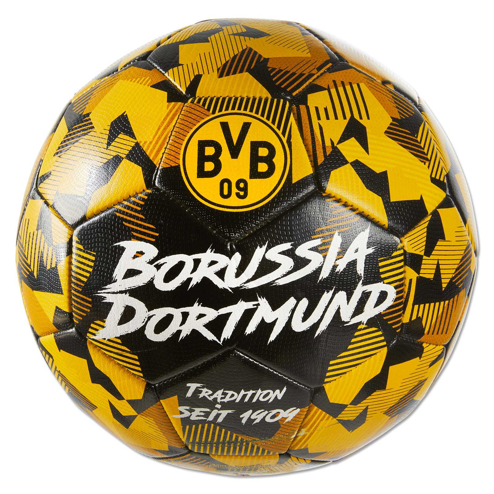 Vorderansicht des schwarzgelben BVB Ball Spirit Gr. 5 mit BVB-Emblem, abstraktem Muster und dem Schriftzug „Borussia Dortmund – Tradition seit 1909“.