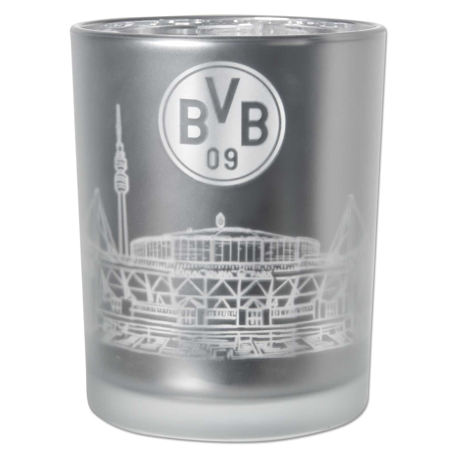 Vorderansicht des BVB Windlichts aus satiniertem Glas mit SIGNAL IDUNA PARK-Motiv und prominentem BVB-Emblem auf der Oberfläche.