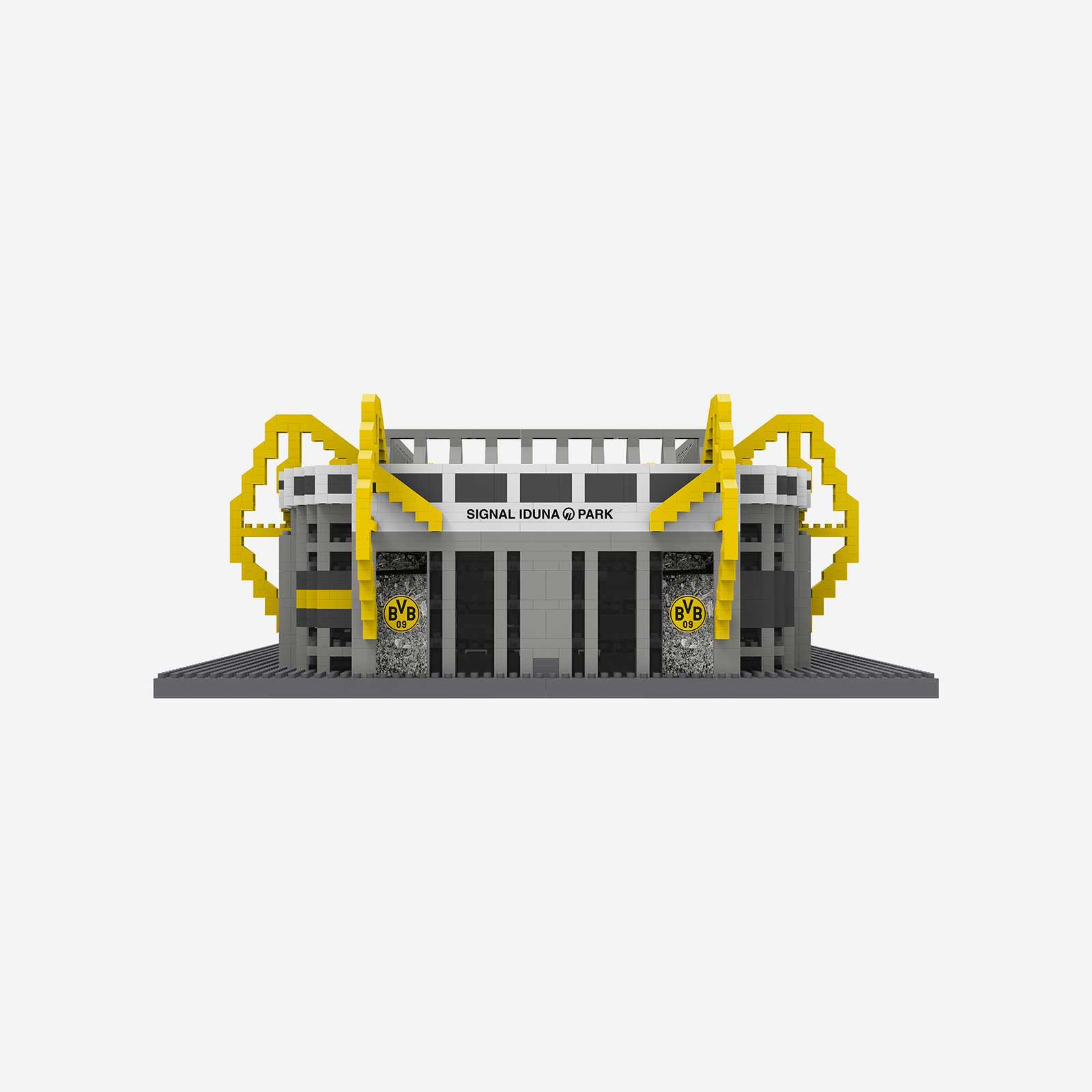 Vorderansicht des BVB Signal Iduna Park Bausatzes in schwarzgelb mit deutlich sichtbarem BVB-Emblem und gekennzeichnetem SIGNAL IDUNA PARK-Schriftzug.