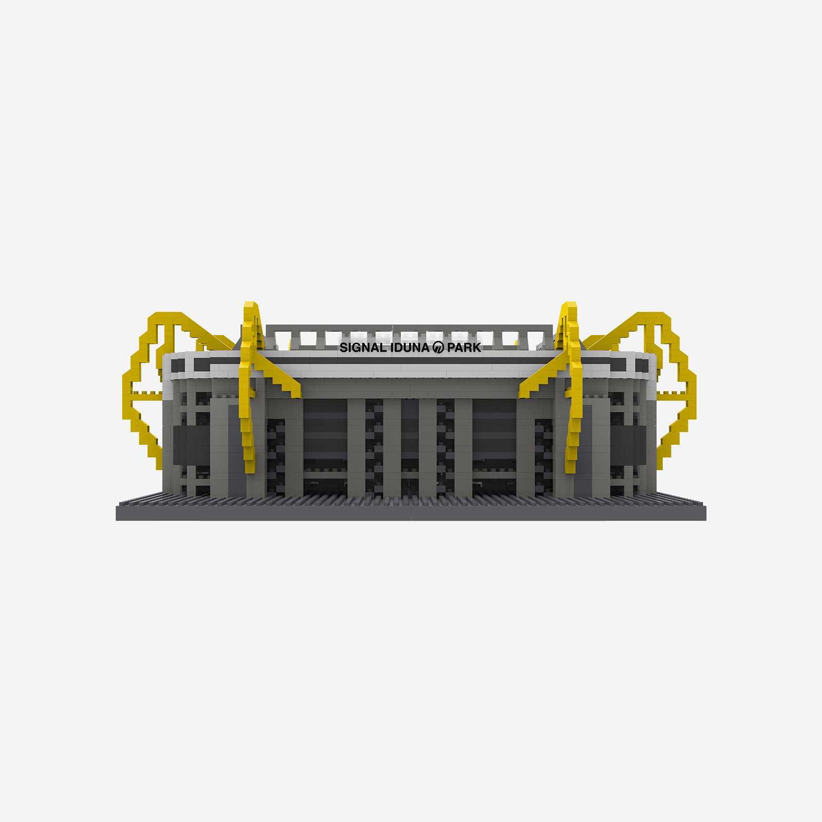 Frontalansicht des BVB Signal Iduna Park Bausatzes in schwarzgelb mit markanten gelben Stadionstreben und SIGNAL IDUNA PARK-Schriftzug auf dem Dach.