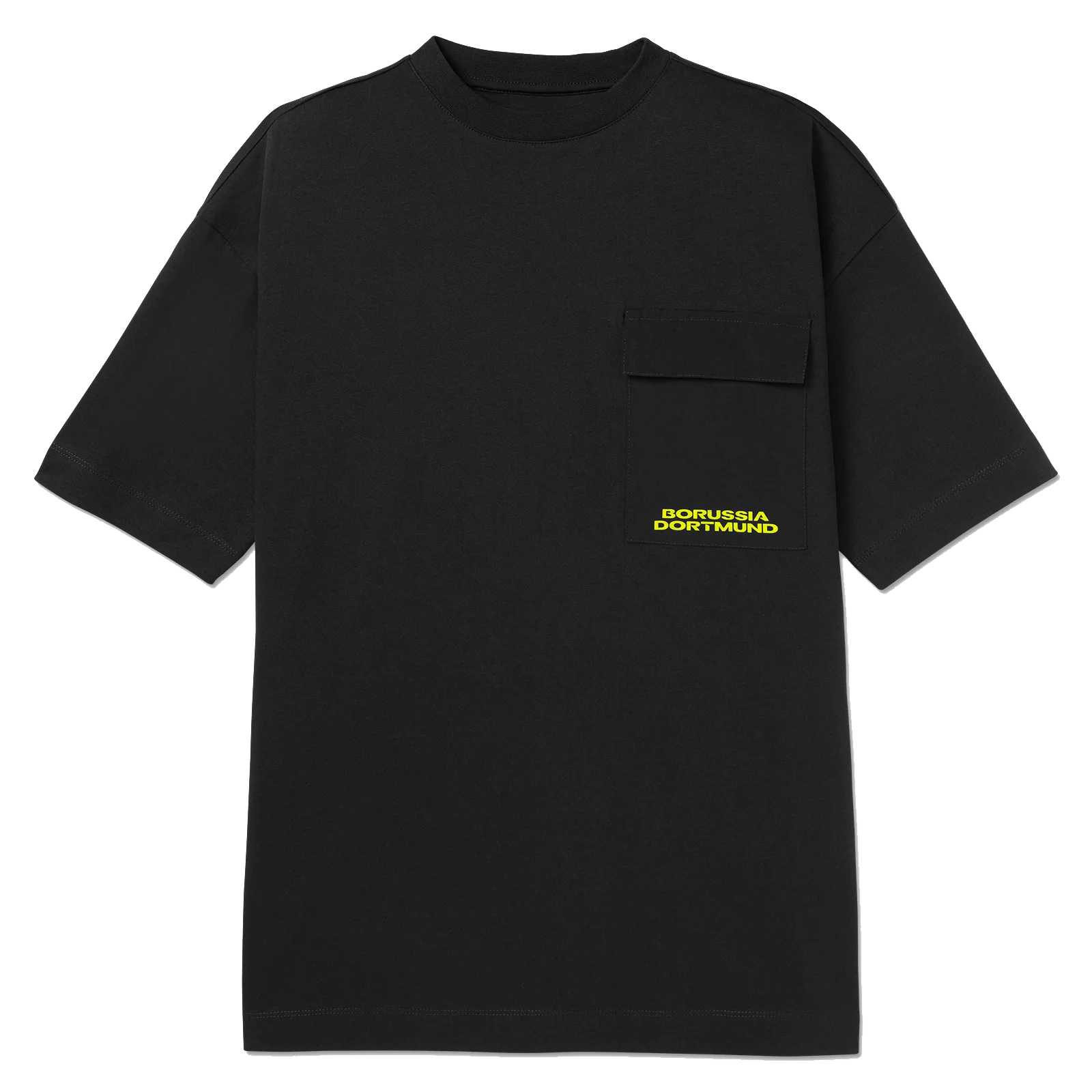 Vorderansicht des schwarzgelben BVB Underground T-Shirts mit Brusttasche und gelbem "BORUSSIA DORTMUND"-Schriftzug auf der Tasche.