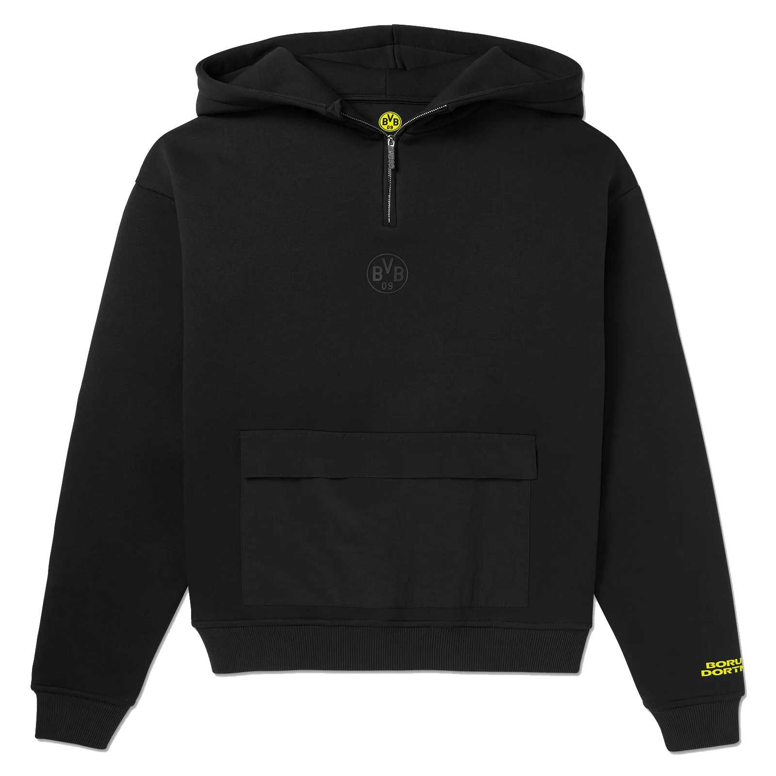 Vorderansicht des schwarzgelben BVB Underground Hoodie mit BVB-Emblem auf der Brust, Fronttasche und gelbem Borussia Dortmund Schriftzug am Ärmel.
