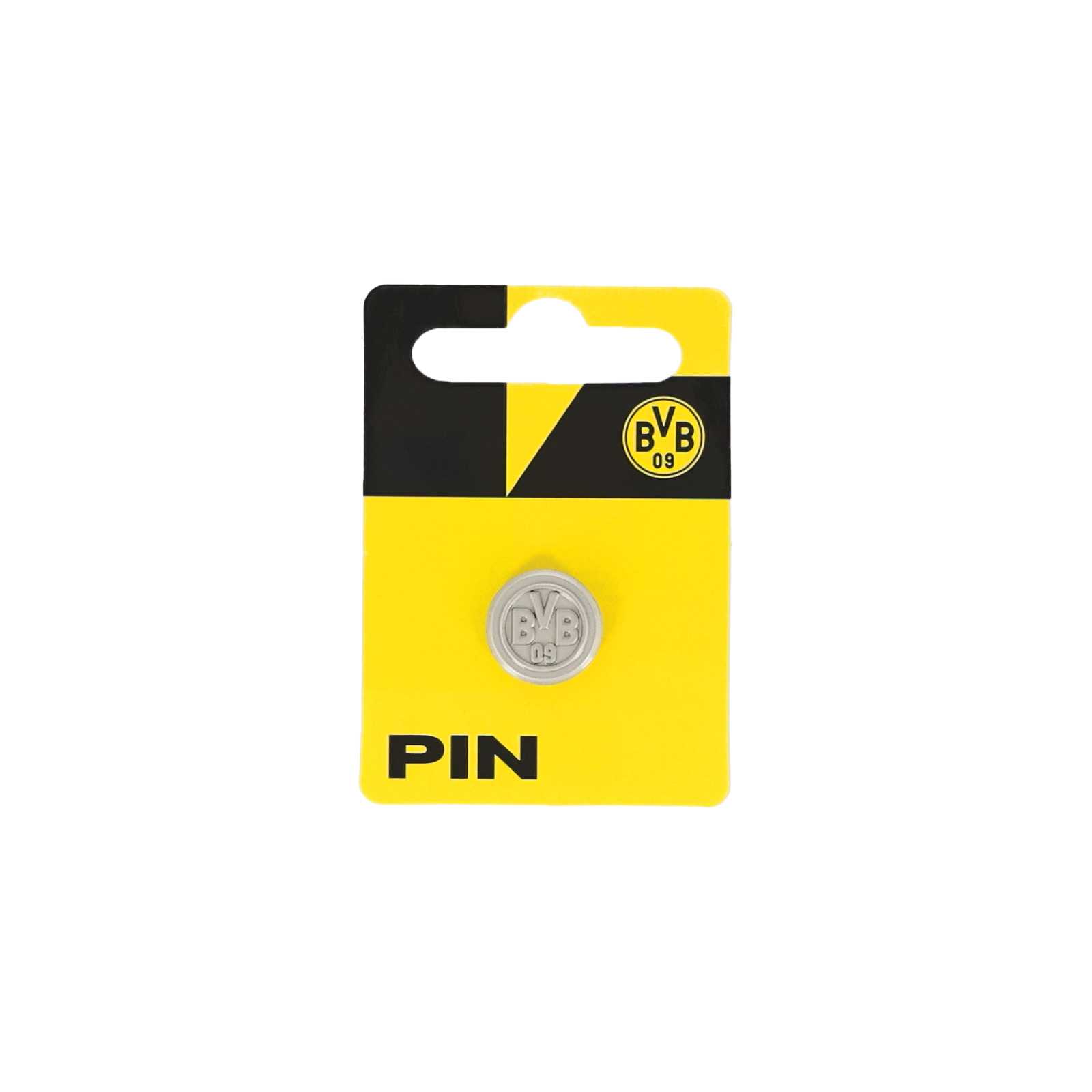 Vorderansicht des BVB Pin Emblem silber matt auf schwarzgelber Verpackung, mit BVB-Emblem und der Aufschrift "PIN" unten links.