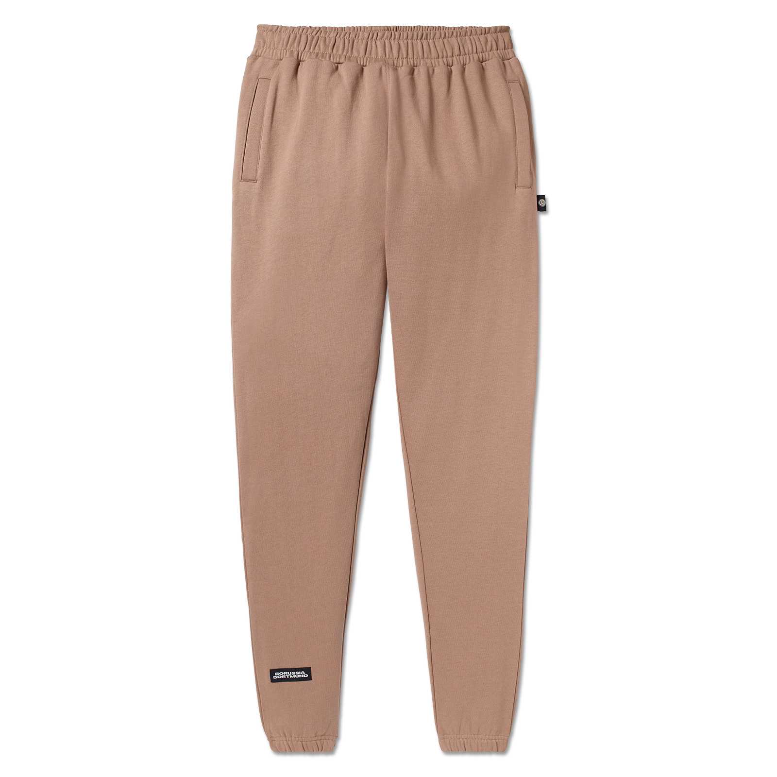 Vorderansicht der BVB Terra Sweatpants Frauen in Beige mit elastischem Bund, zwei Seitentaschen und kleinem BVB-Emblem am Bein.