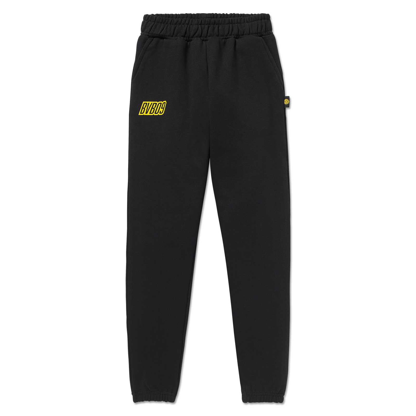 Vorderansicht der BVB Sweatpants Kinder 2025 in schwarzgelb mit gelbem BVB09-Schriftzug auf dem linken Oberschenkel und elastischem Bund.