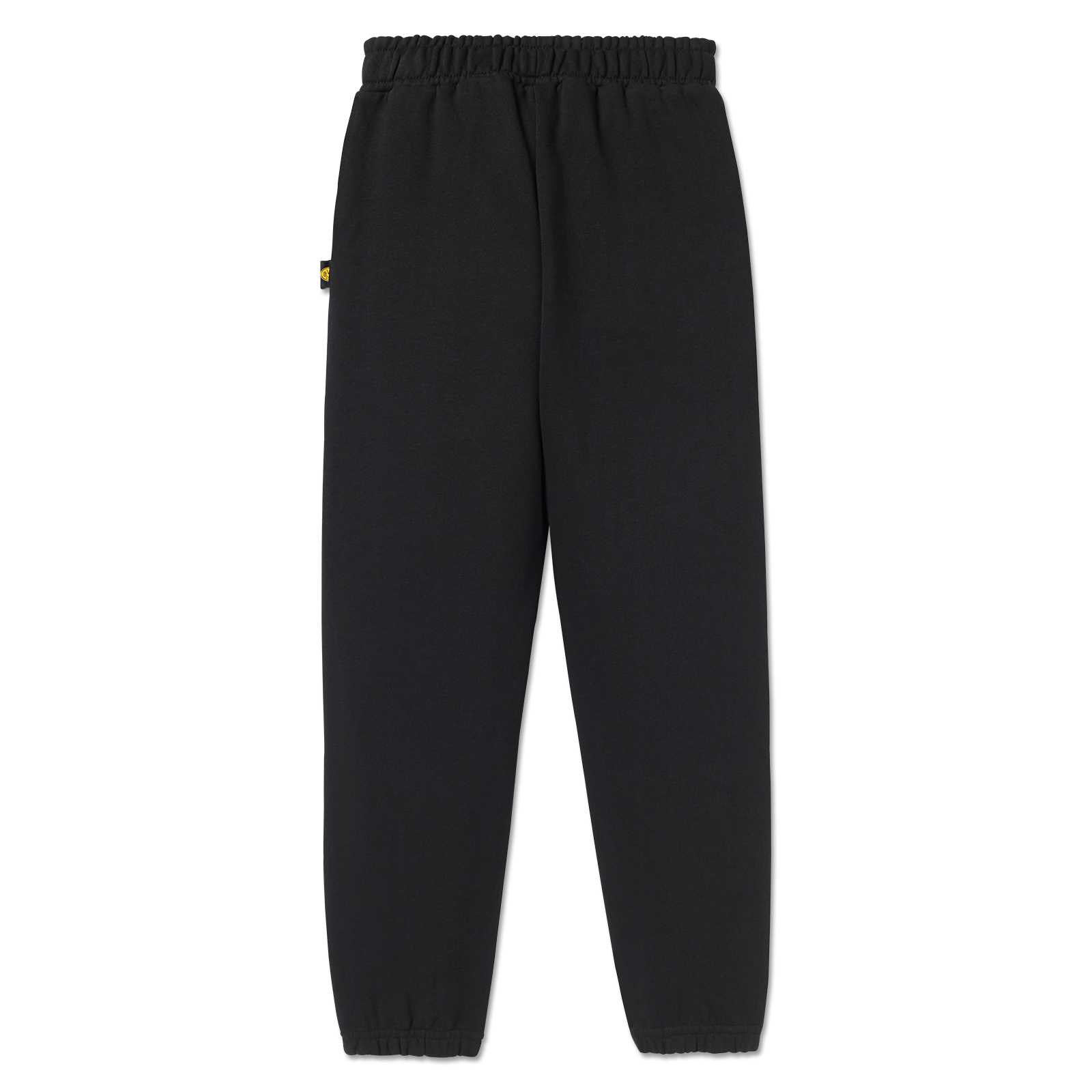 Rückansicht der schwarzen BVB Sweatpants Kinder 2025 mit elastischem Bund und kleinem seitlichen BVB-Emblem in schwarzgelb.