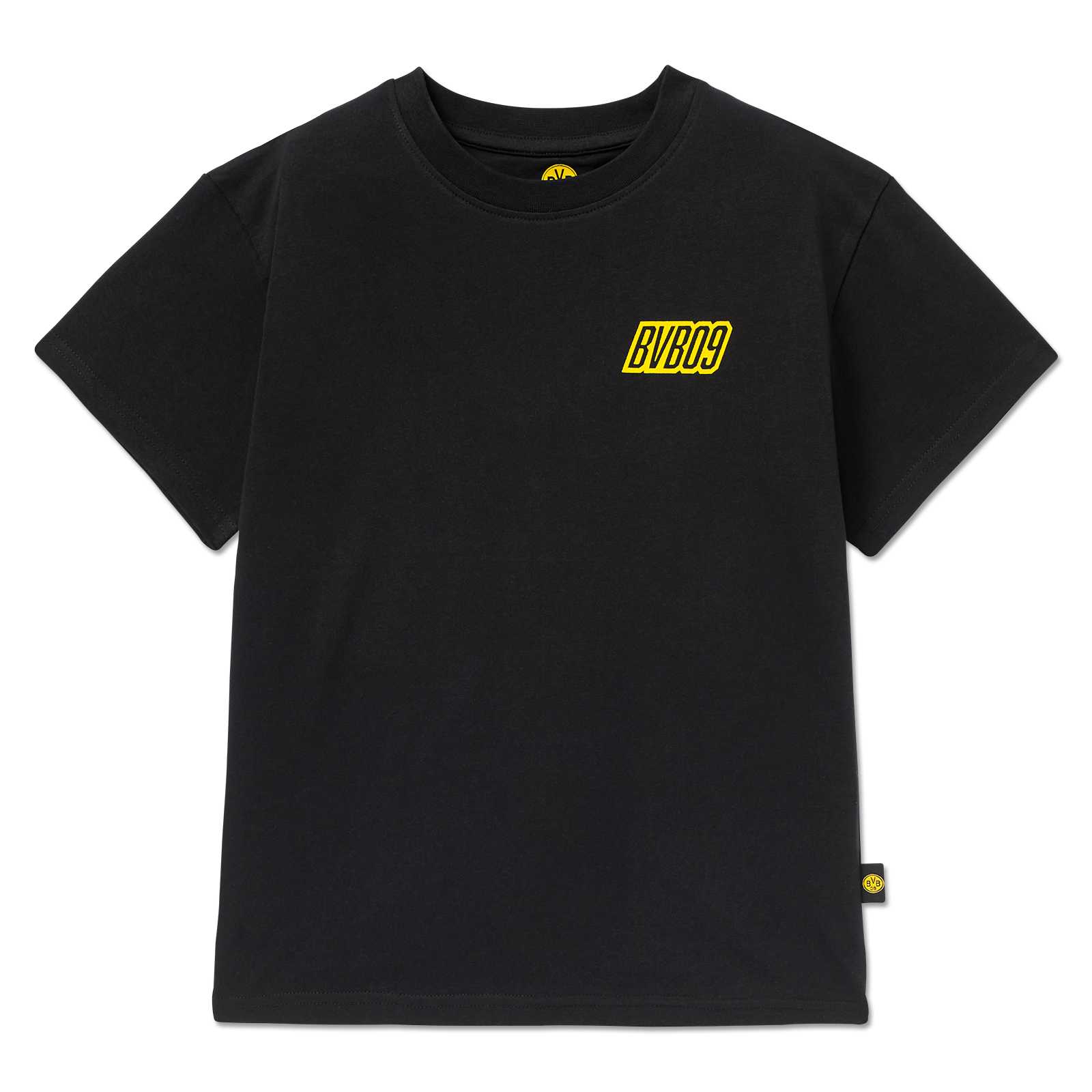 Vorderansicht des schwarzgelben BVB T-Shirt Kinder oversized 2025 mit gelbem "BVB09"-Schriftzug auf der Brust und kleinem BVB-Emblem am Saum.