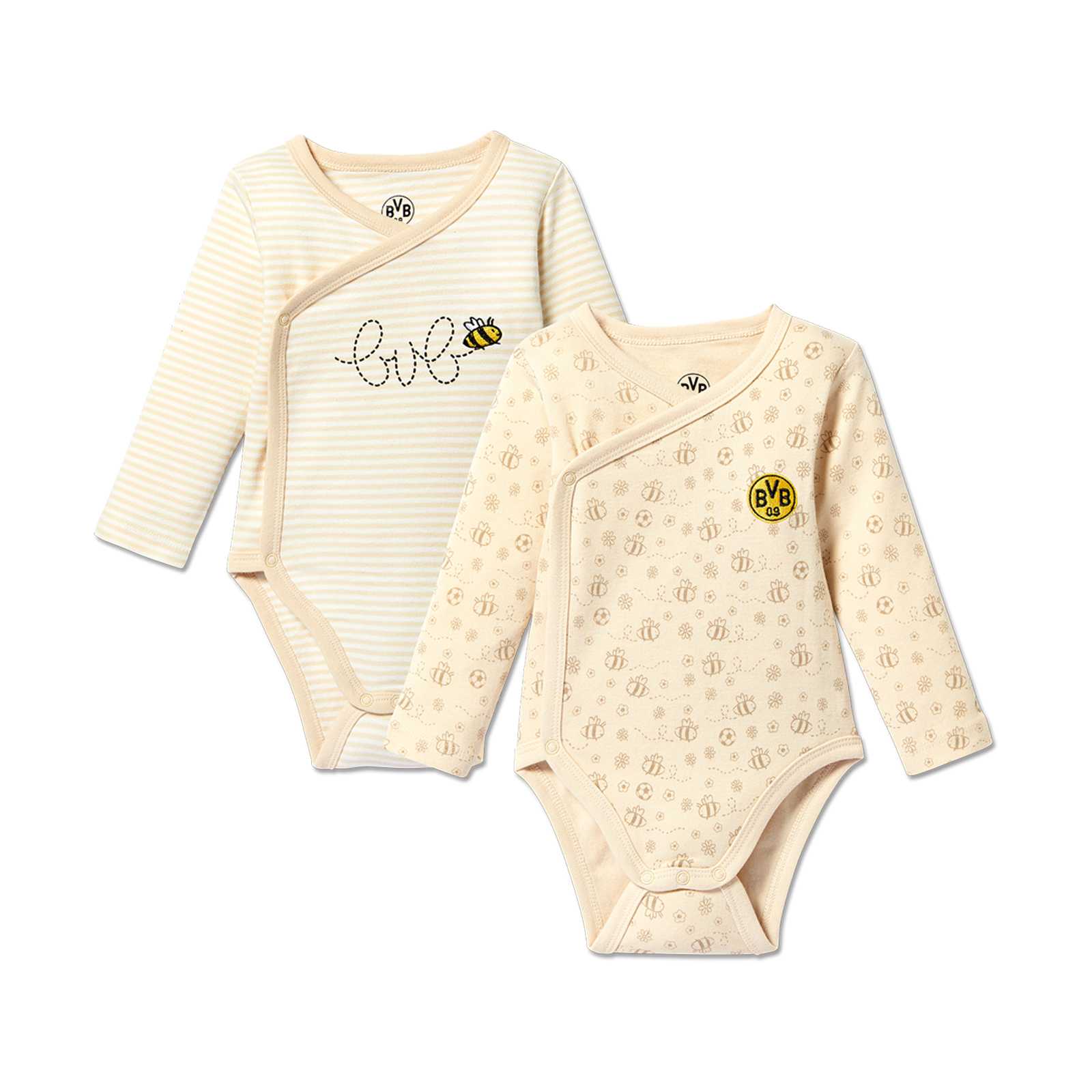 Vorderansicht des BVB Body 2er-Set Baby mit langärmligen Bodies in Creme, einer mit BVB-Emblem und Bienenmuster, einer gestreift mit „bvb“ Schriftzug und Biene.